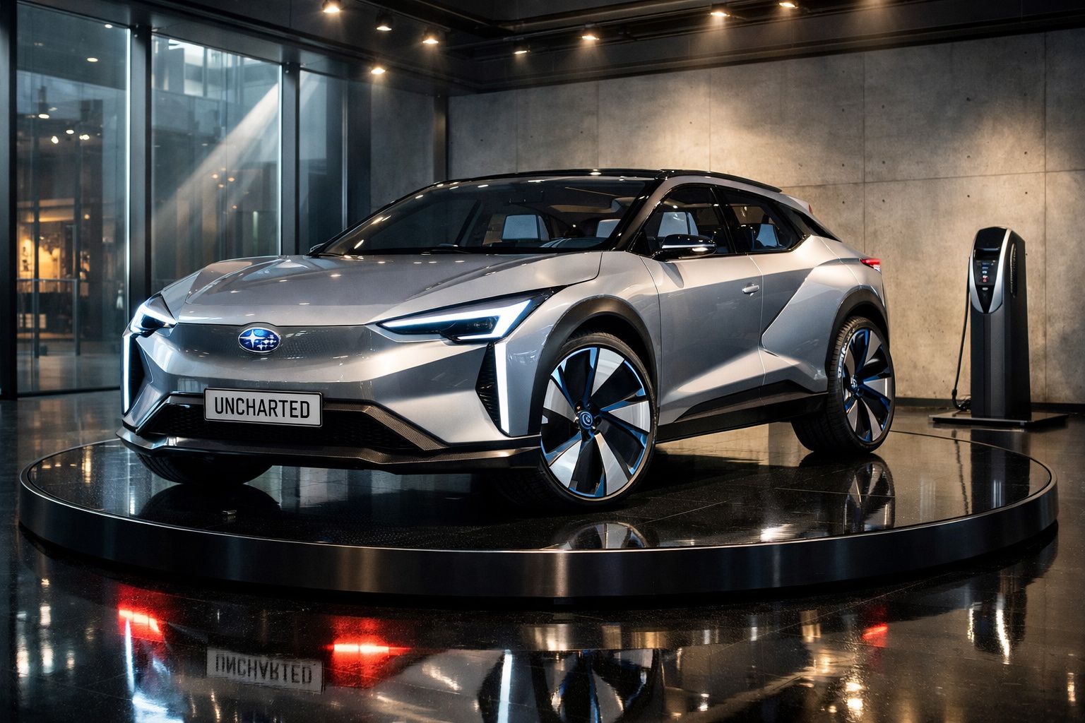Carro elétrico prata Subaru Uncharted em pedestal giratório com estação de recarga em ambiente interno moderno.