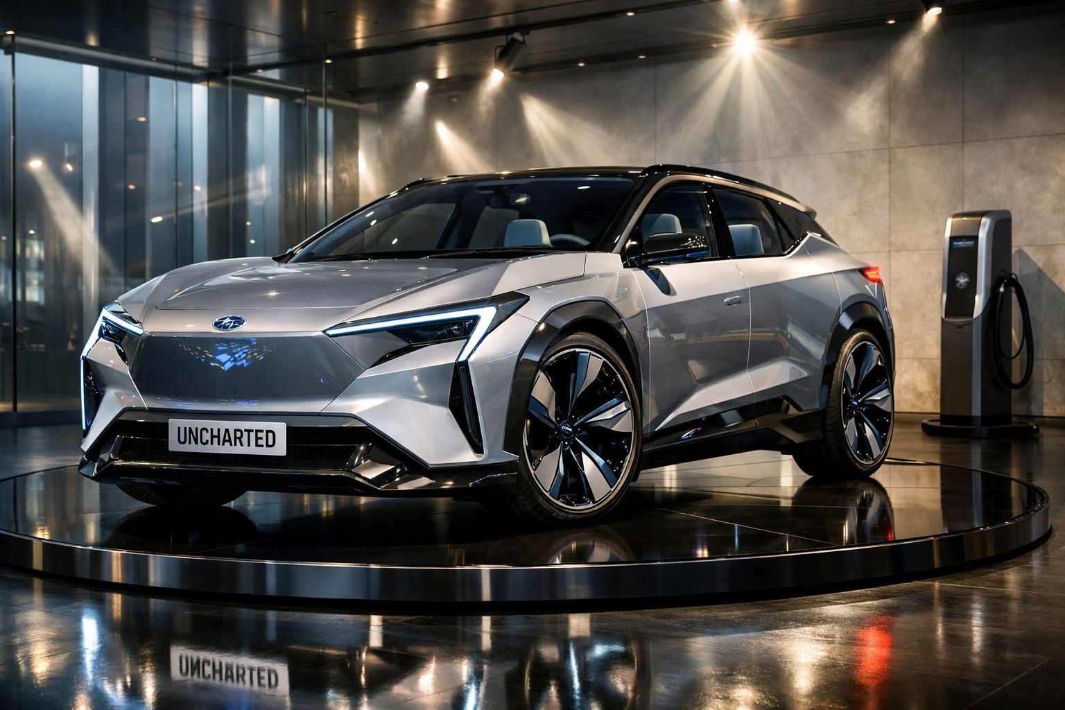 Carro elétrico moderno prata com design futurista exibido em plataforma giratória dentro de showroom.