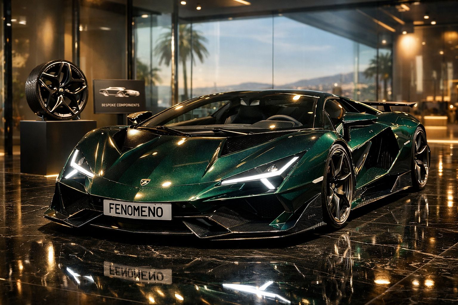 Carro esportivo verde metálico com design aerodinâmico exposto em salão moderno com piso brilhante.