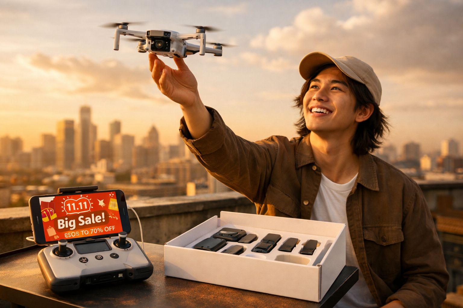 Homem segurando drone e sorrindo com controle e acessórios ao lado em terraço ao pôr do sol.