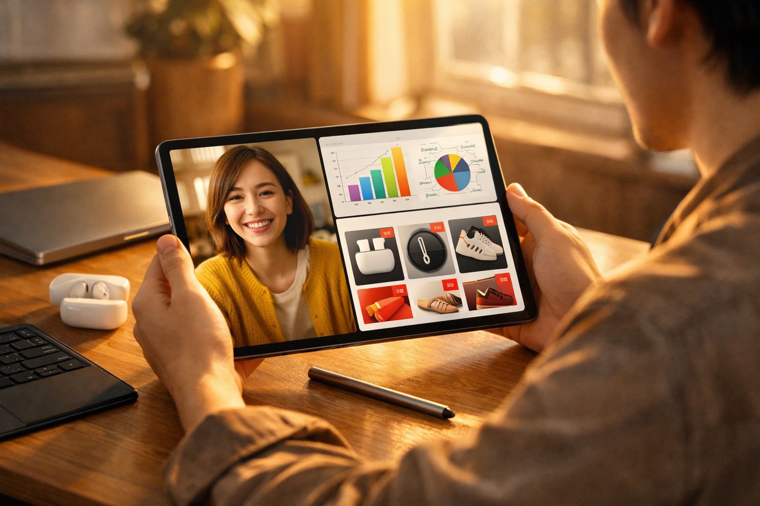 Pessoa segurando tablet com videoconferência, gráficos e loja virtual de produtos esportivos na tela.