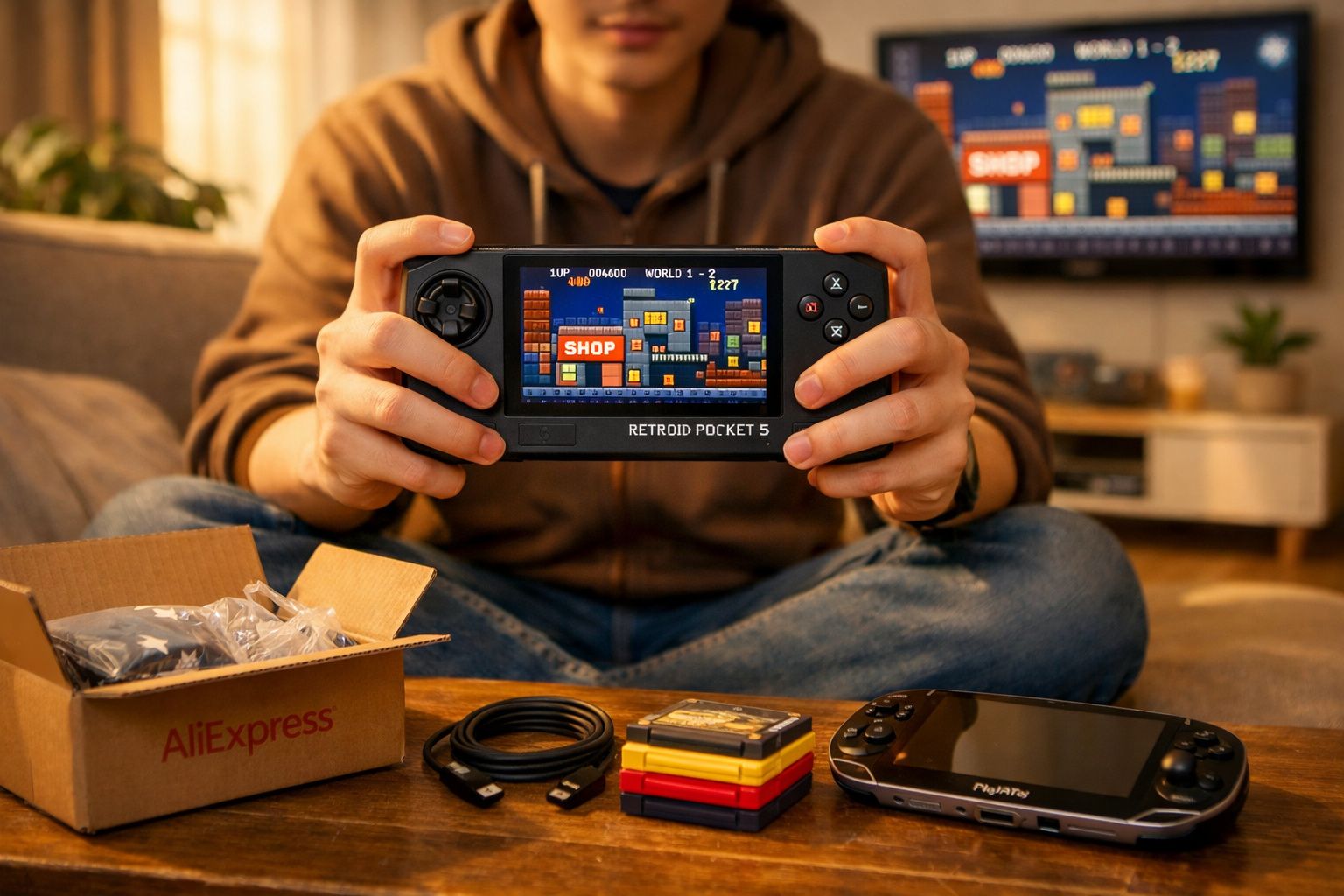 Pessoa segurando console portátil Retroid Pocket 5 com jogo na tela, acessórios e caixa da AliExpress na mesa.