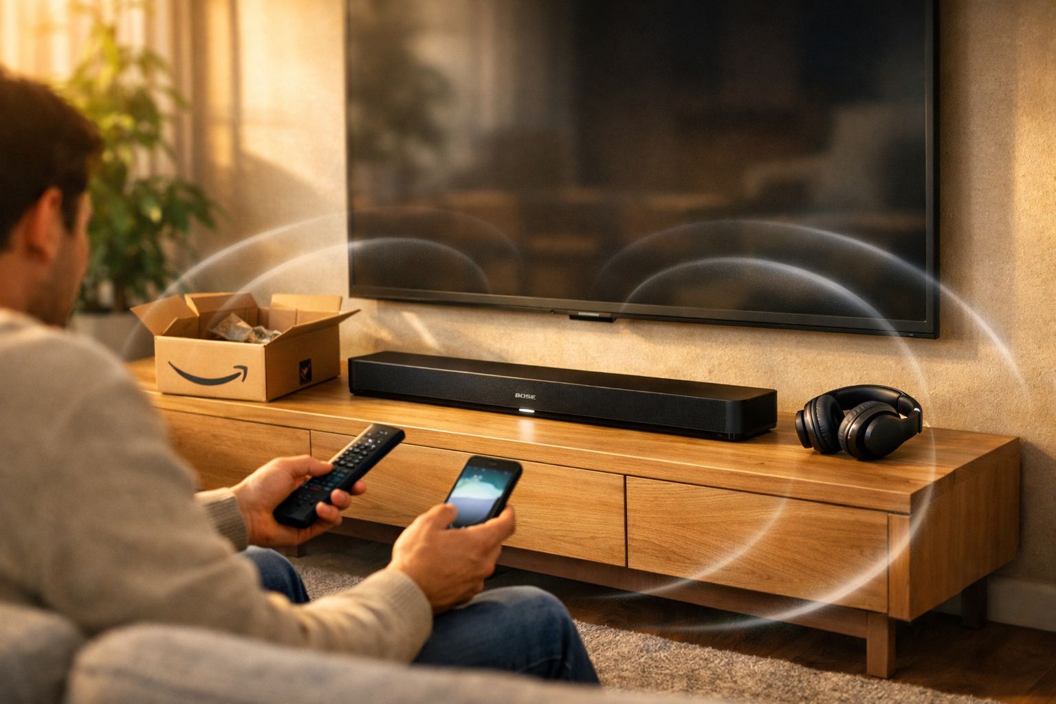 Homem controla soundbar com controles remoto e smartphone em sala com TV e fone de ouvido.