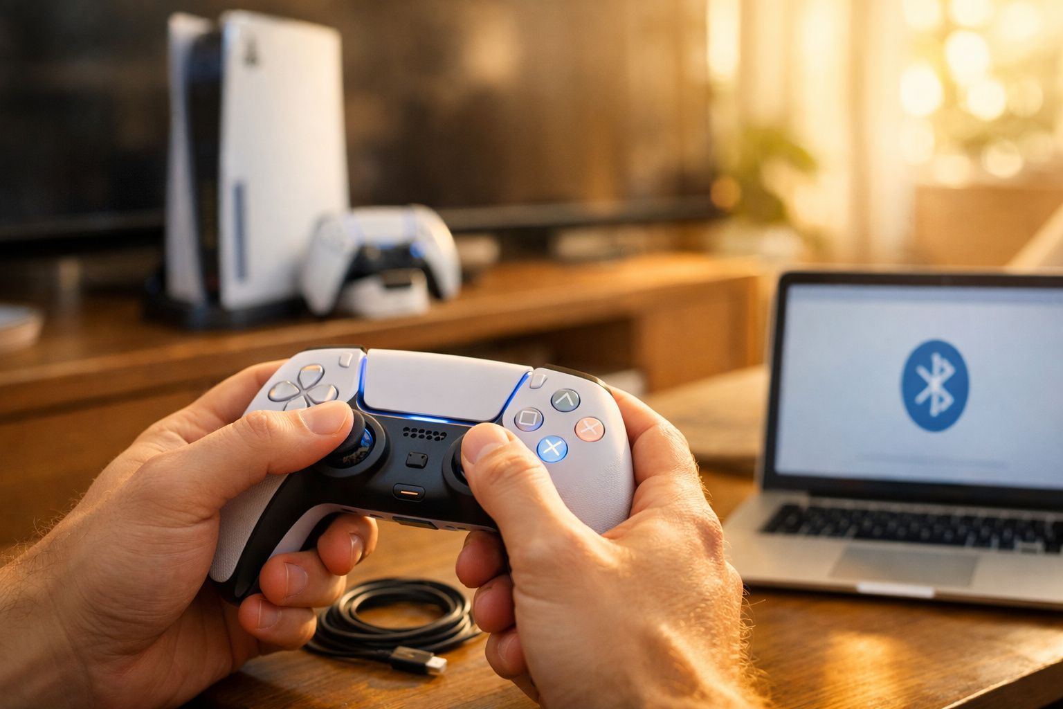 Mãos segurando controle de videogame branco perto de notebook com símbolo Bluetooth na tela.