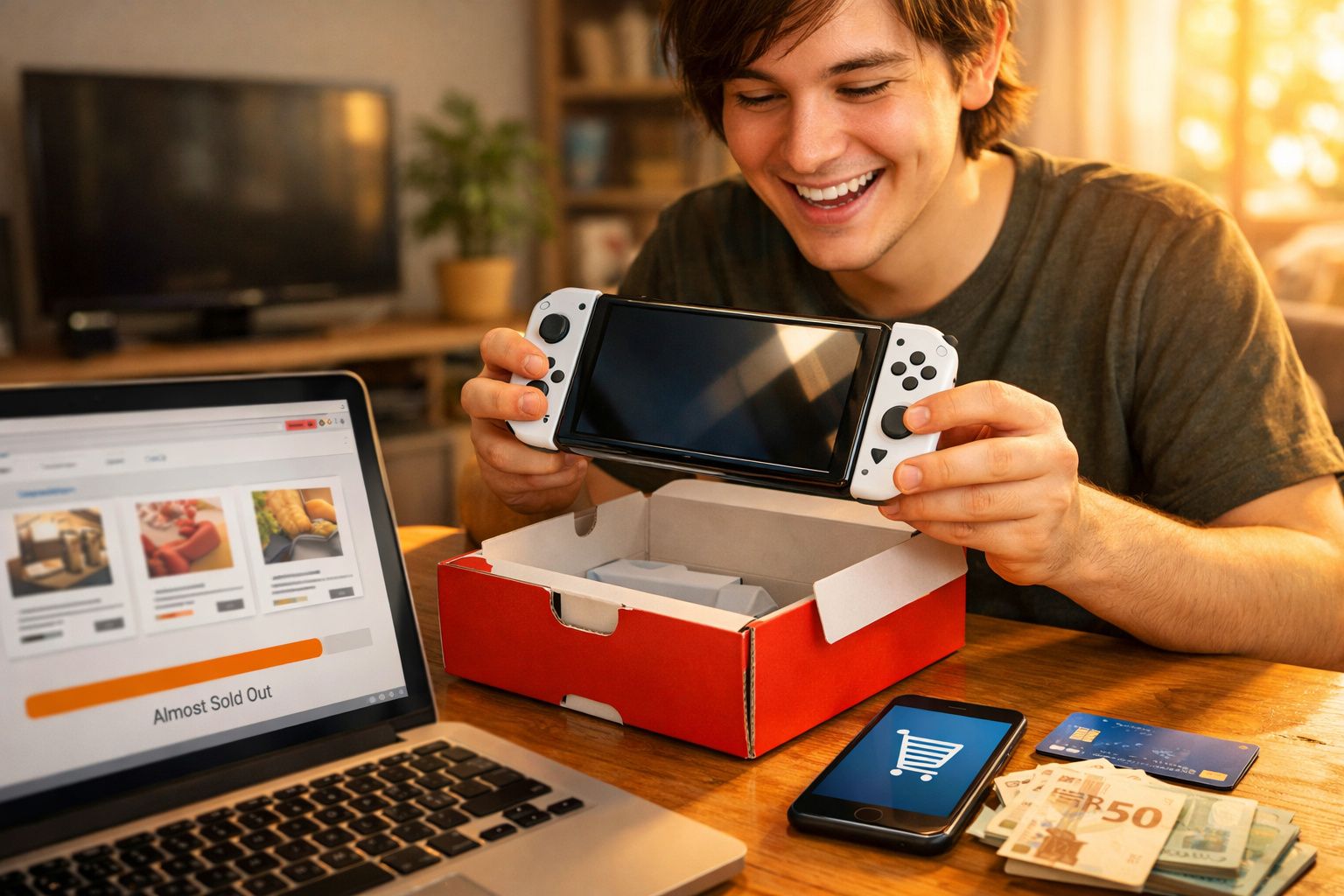 Jovem sorridente desembrulhando console de videogame enquanto faz compra online com cartão e dinheiro na mesa.
