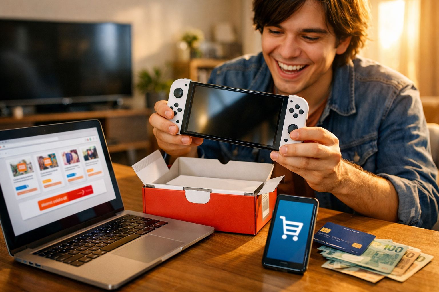 Homem sorridente segurando videogame portátil recém retirado da embalagem, com laptop, celular e dinheiro na mesa.