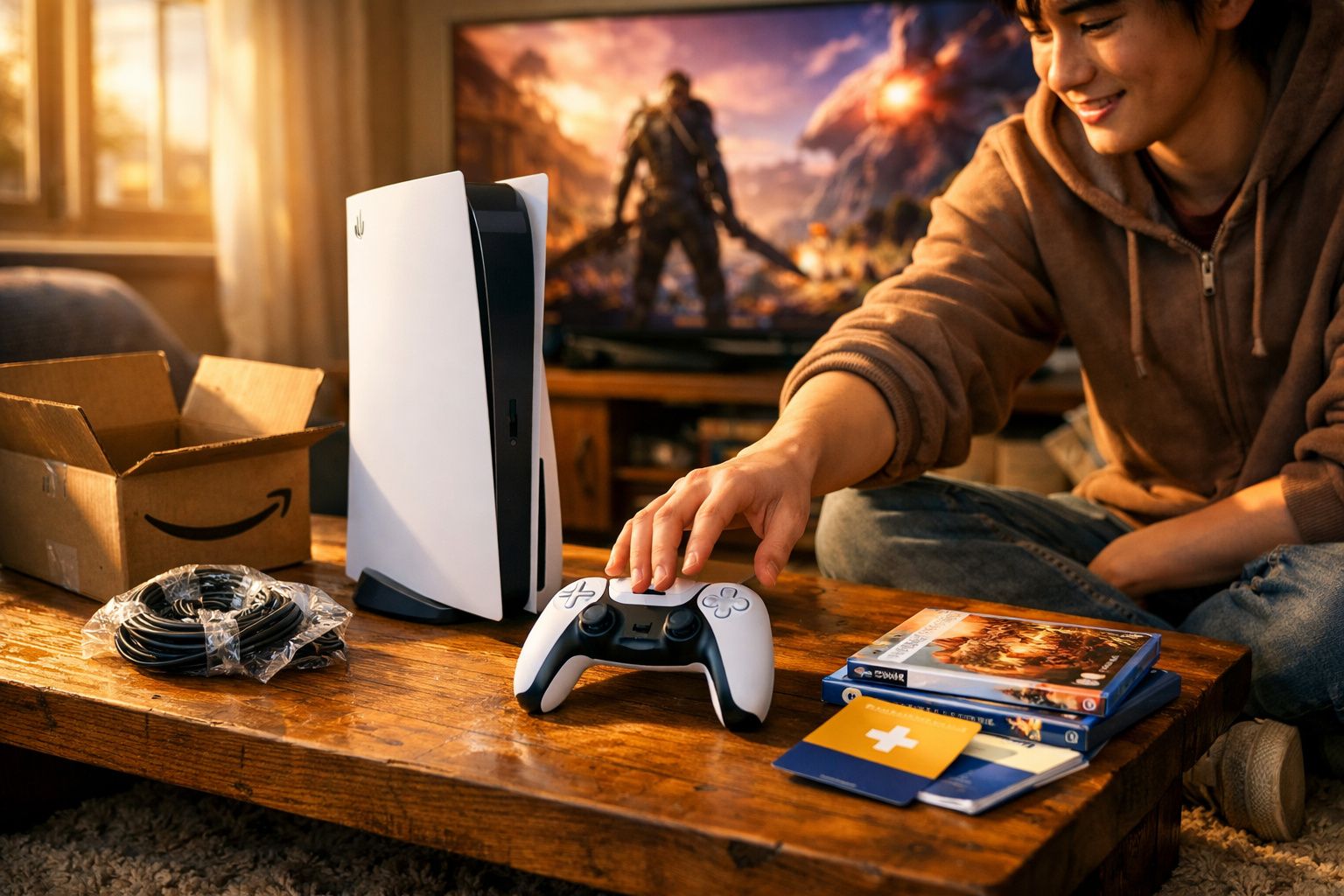 Pessoa sentada ao lado de console PlayStation 5 com controle, jogos e caixa na mesa de madeira.
