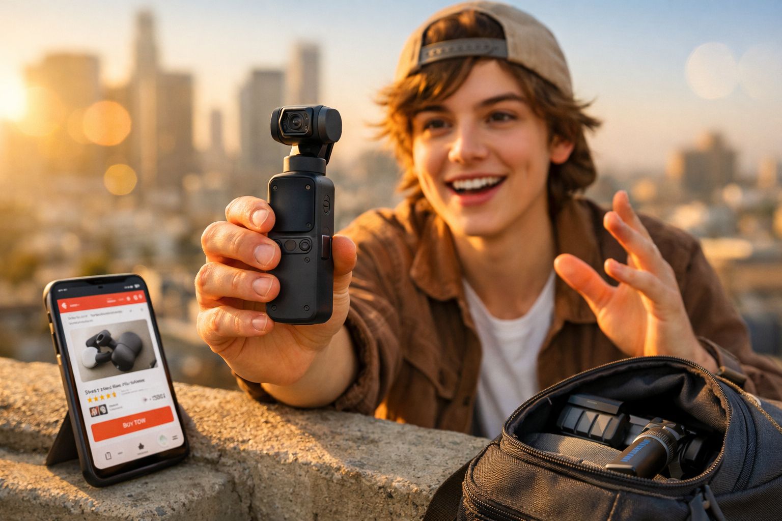 Jovem sorridente segurando uma câmera portátil para gravação com celular e mochila ao lado.