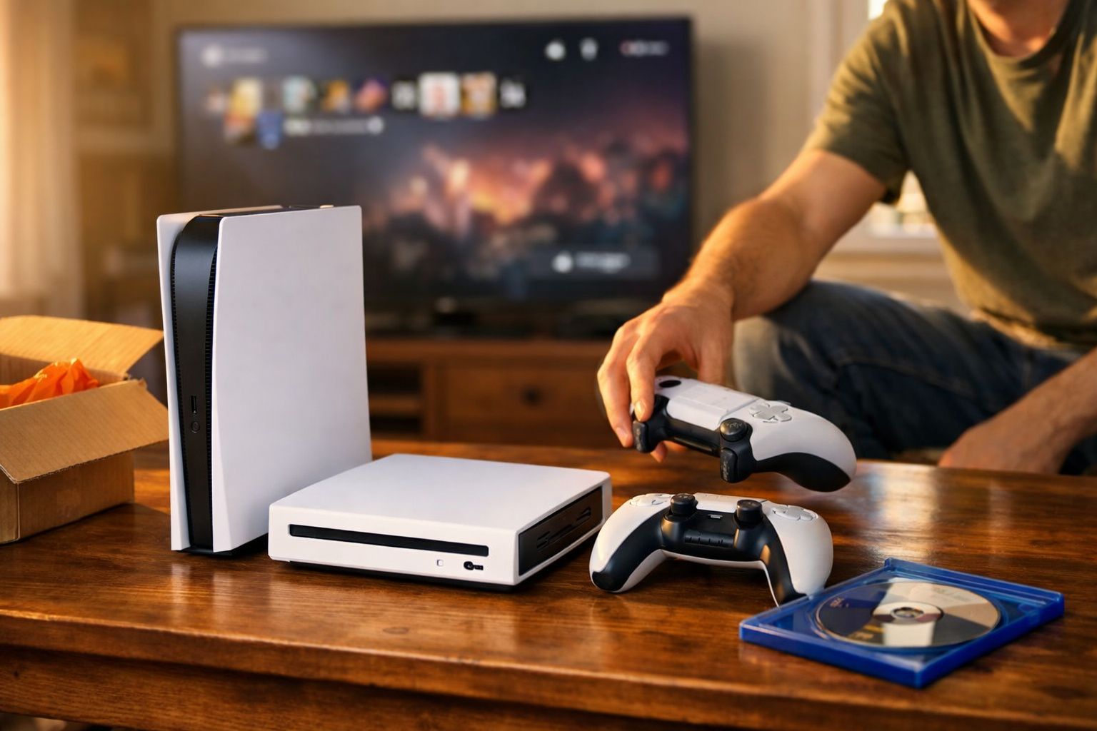 Consoles PlayStation 5, dois controles, disco Blu-ray aberto e pessoa segurando controle em mesa de madeira.