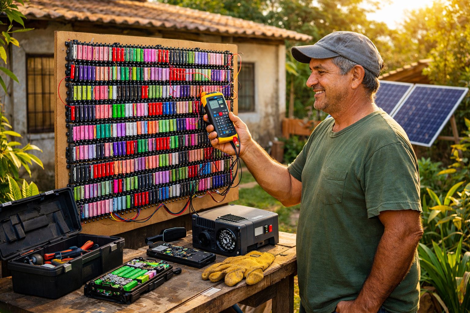 Homem usando medidor eletrônico em painel com várias baterias coloridas ao ar livre, com placa solar ao fundo.