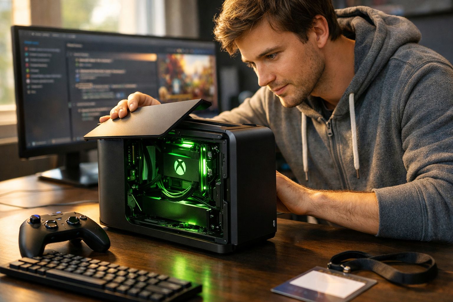 Homem em moletom cinza abrindo gabinete de console Xbox Series X em mesa com controle e teclado.