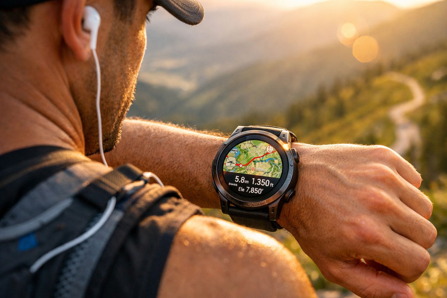 Homem usando relógio inteligente com mapa de trilha durante caminhada ao ar livre ao pôr do sol.