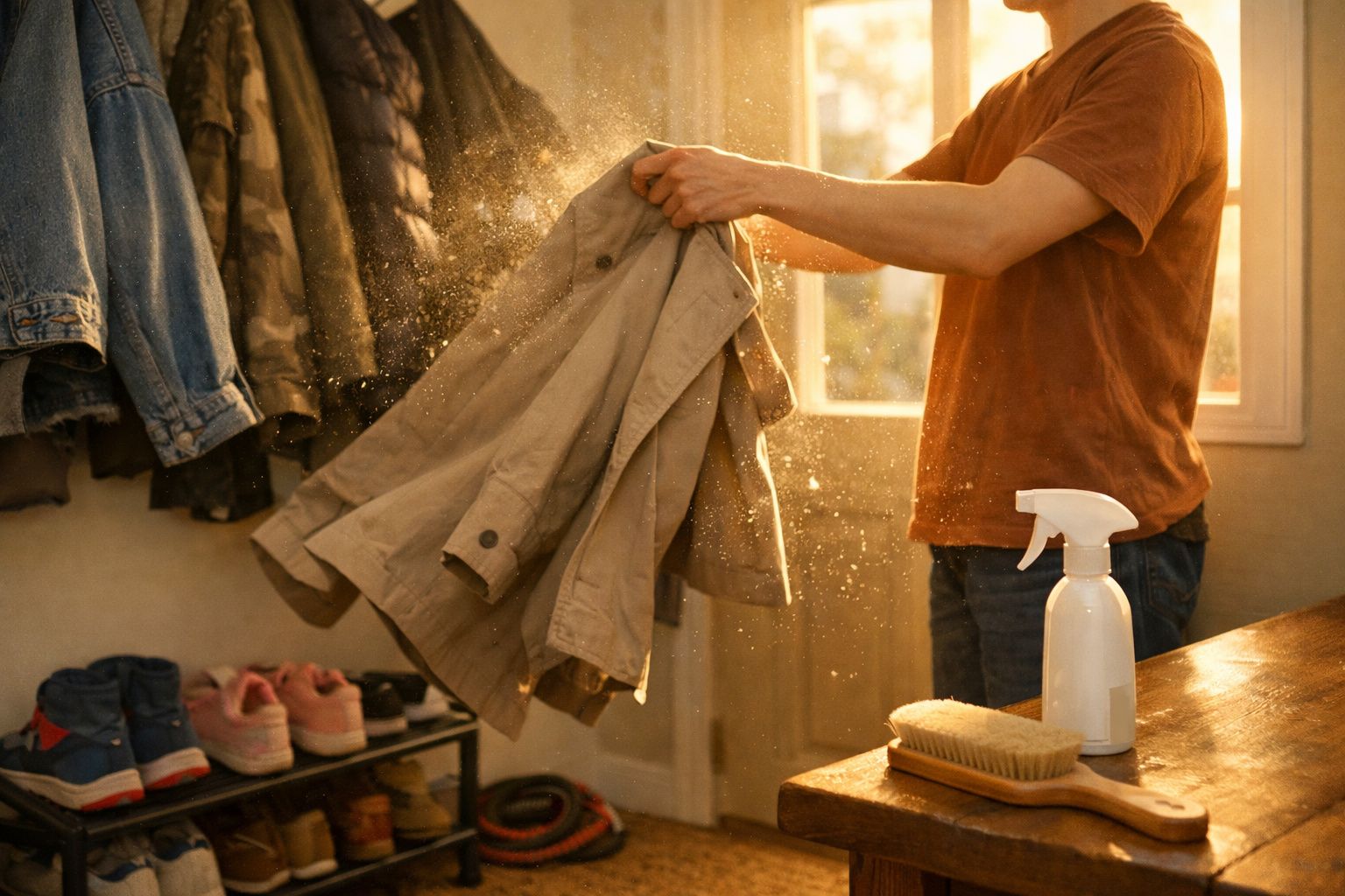 Pessoa batendo roupa para tirar poeira dentro de casa com luz do sol entrando pela janela.