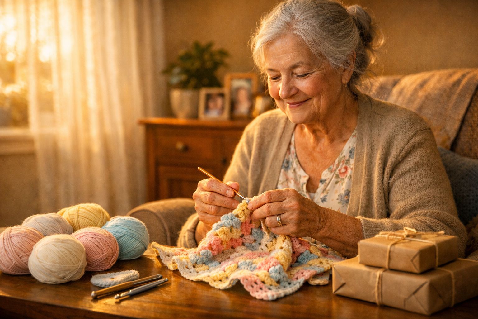 Mulher idosa sorrindo enquanto faz crochê com lãs coloridas em ambiente acolhedor.