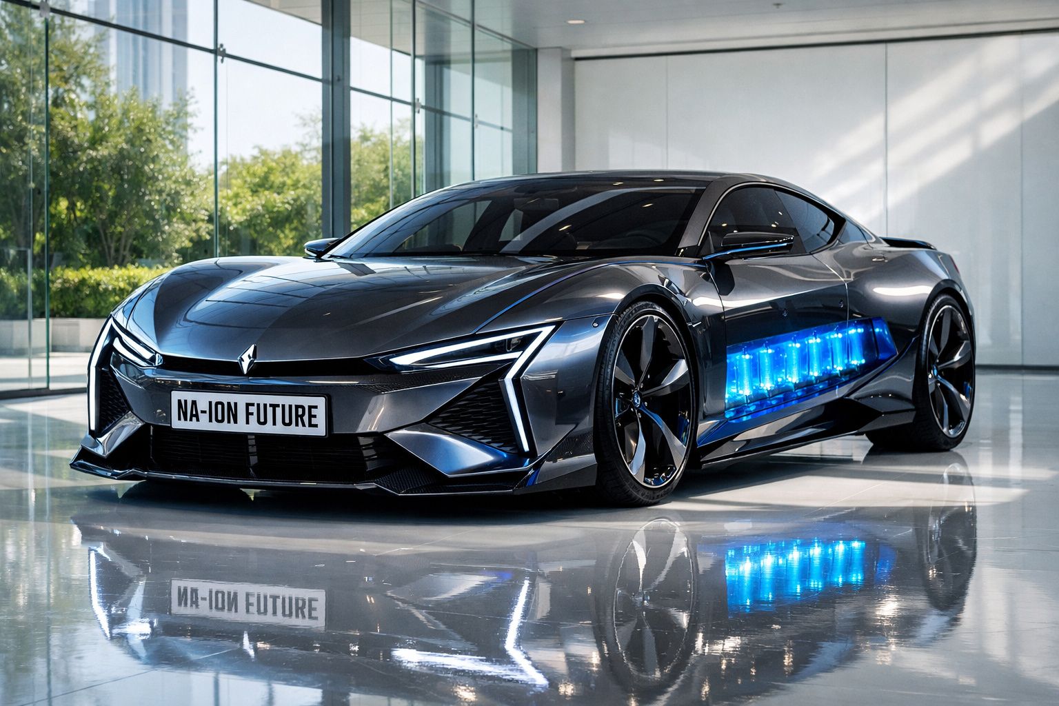 Carro esportivo elétrico moderno prata com luzes de LED azuis em ambiente interno com grandes janelas.