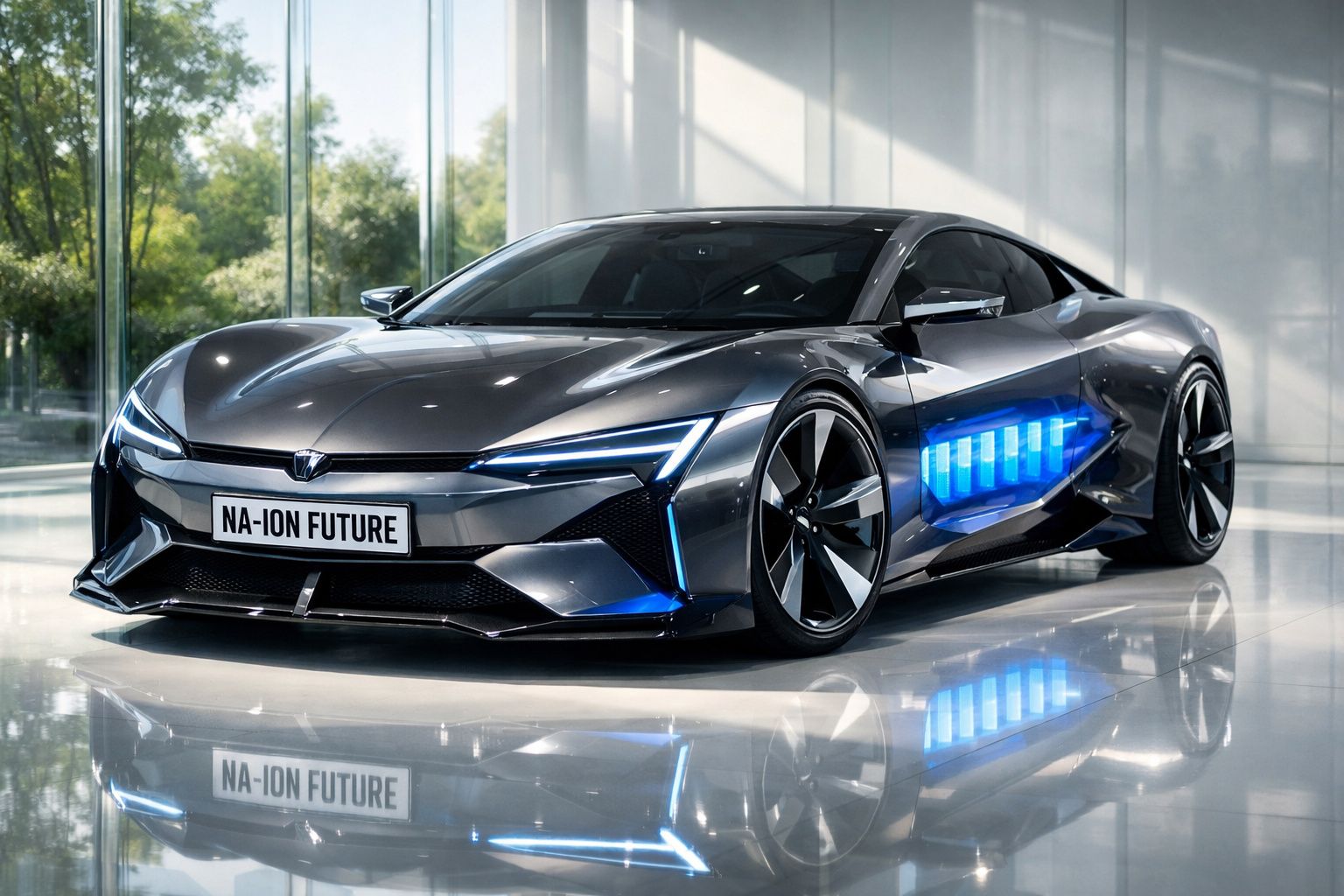 Carro esportivo futurista elétrico cinza com design aerodinâmico e luzes azuis em ambiente interno iluminado.