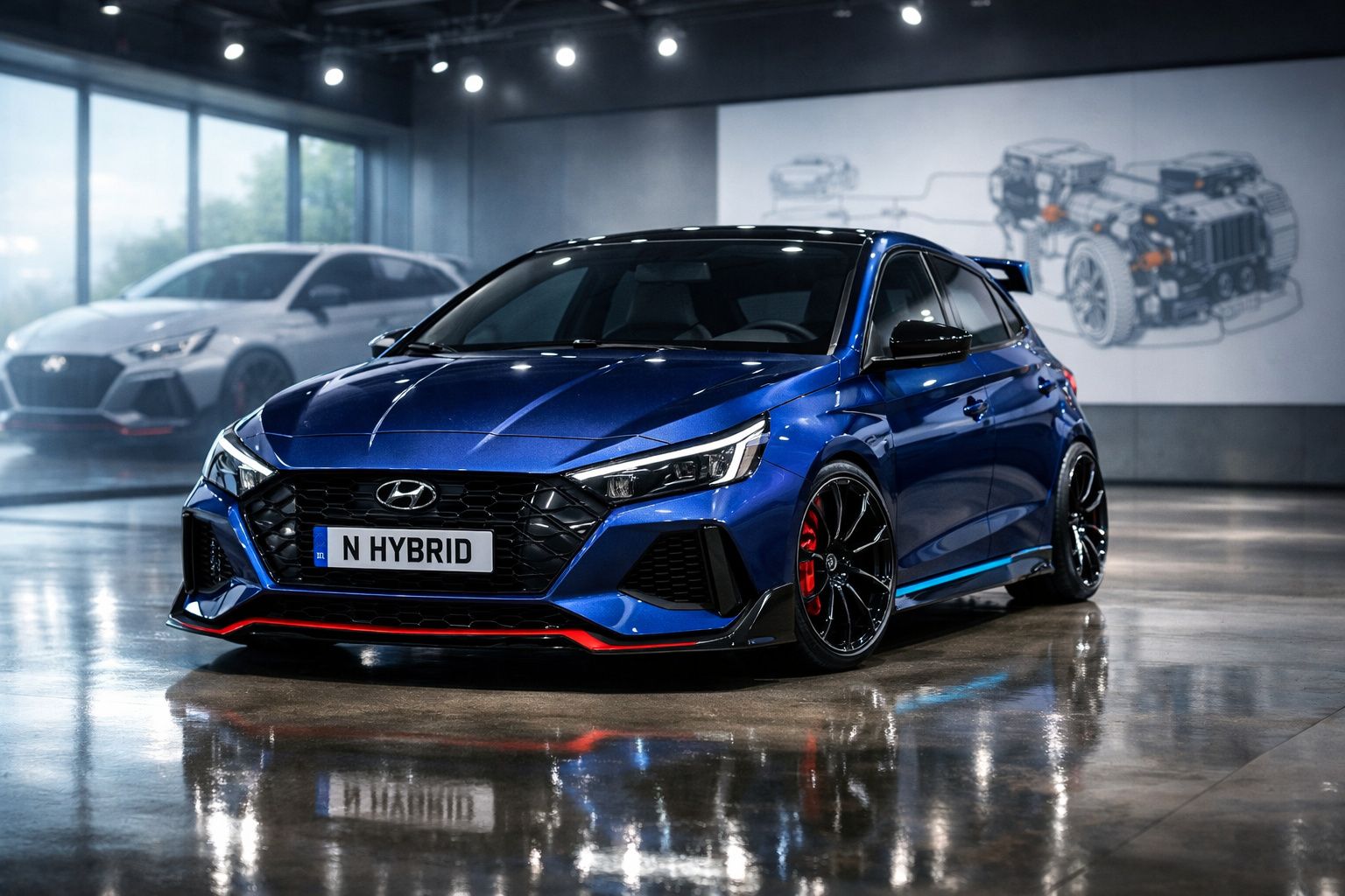 Carro azul esportivo híbrido Hyundai N estacionado em piso refletivo dentro de showroom moderno.