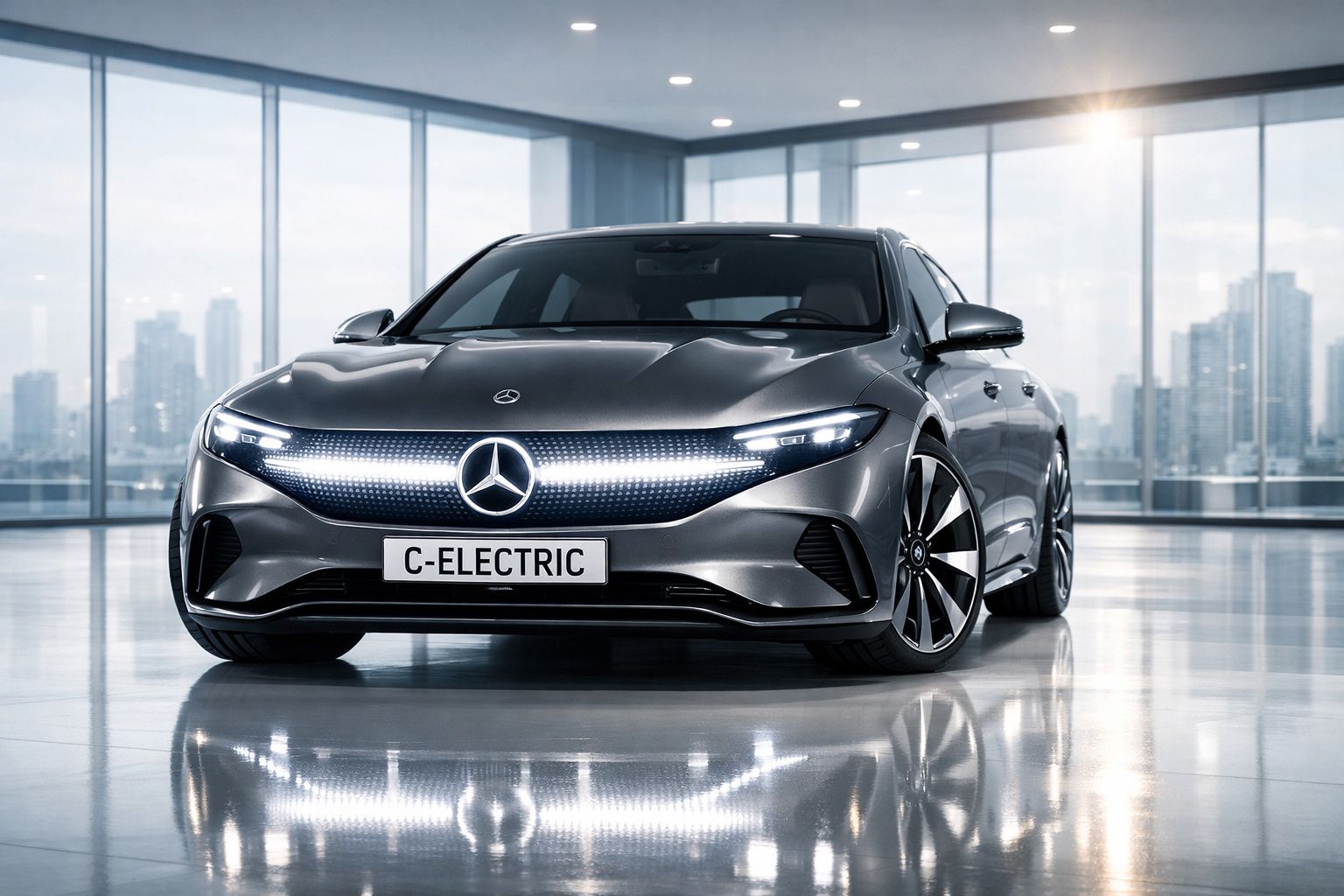 Carro elétrico Mercedes-Benz cinza estacionado em ambiente interno moderno com janelas panorâmicas.