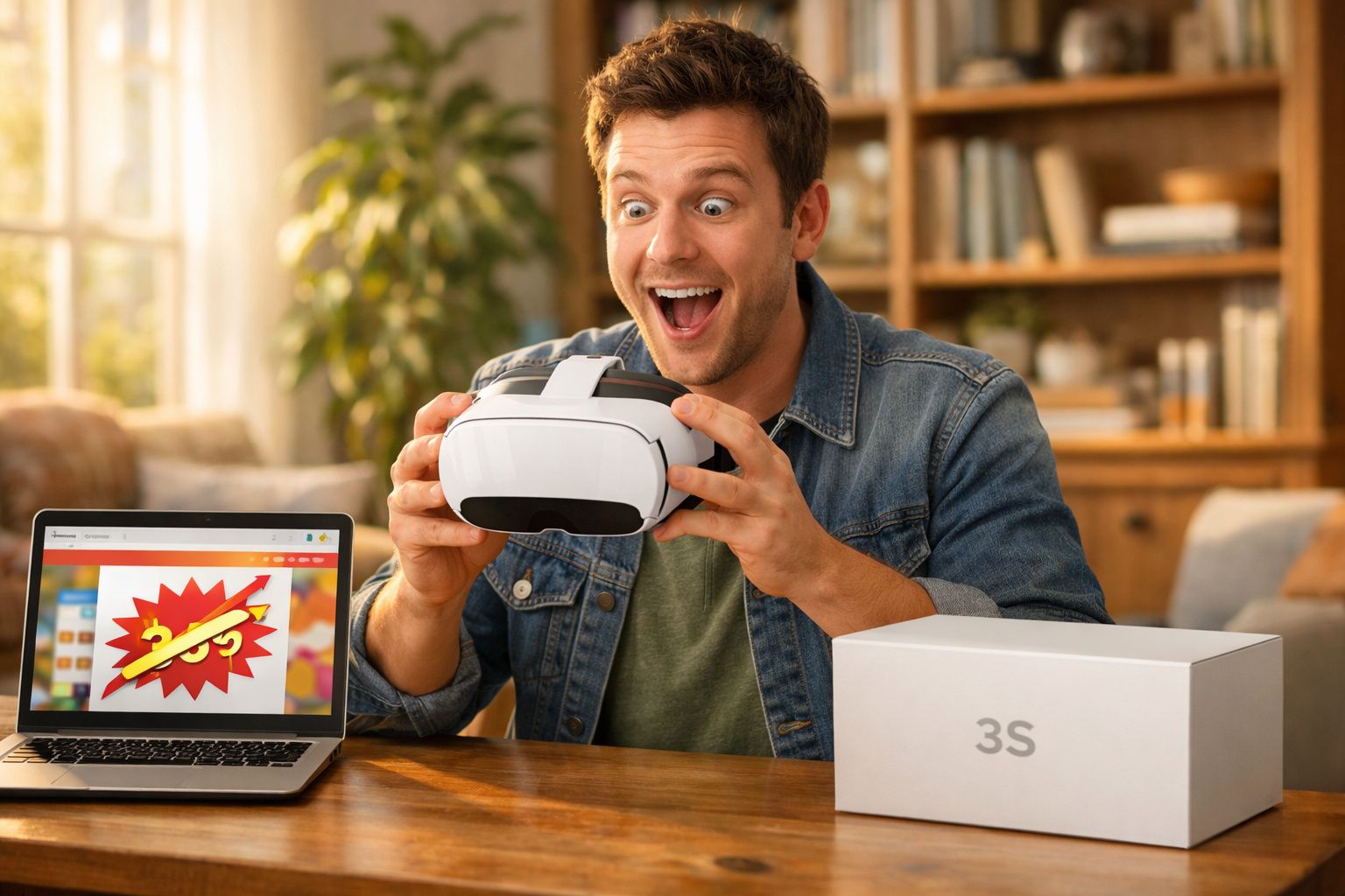 Homem animado segurando óculos de realidade virtual recém retirados da caixa, sentado à mesa com notebook ao lado.