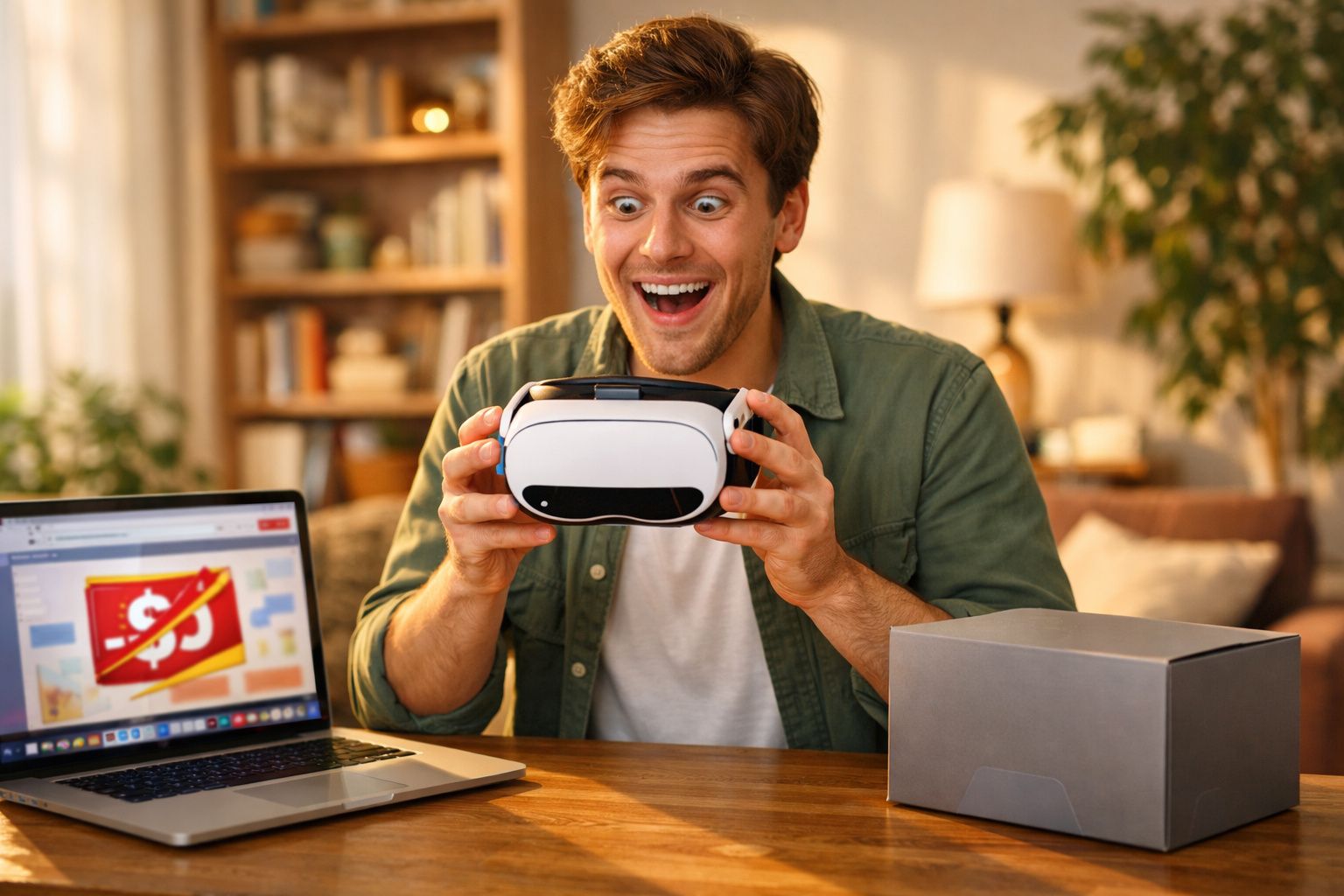 Homem animado segurando óculos de realidade virtual em mesa com laptop e caixa cinza em ambiente aconchegante.