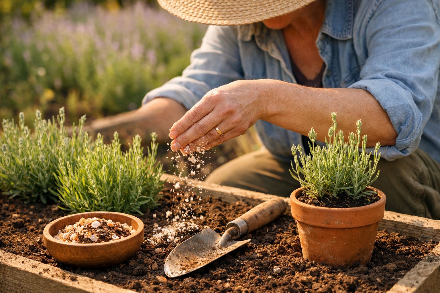 Pessoa regando plantas com fertilizante orgânico em um jardim, com pá e vaso de barro ao lado.