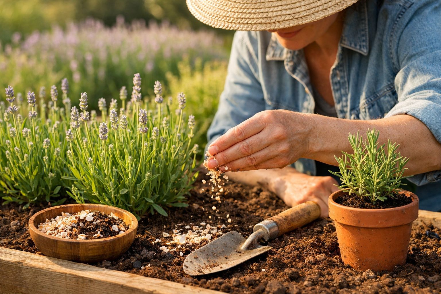 Pessoa sem rosto cultivando plantas em jardim com regador, pá e vaso de barro com erva aromática.