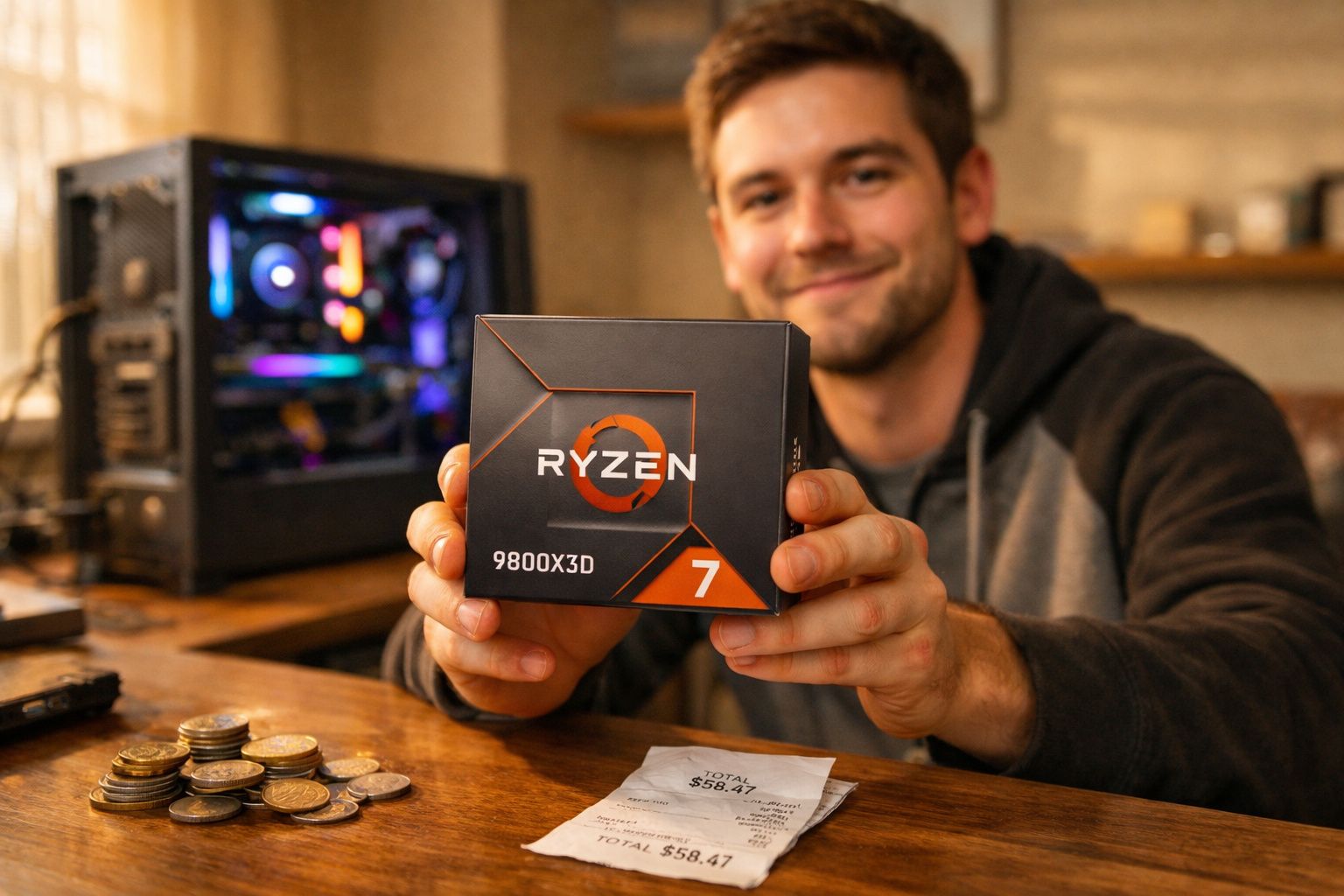Homem sorridente segurando caixa do processador Ryzen 7 9800X3D com computador montado ao fundo.