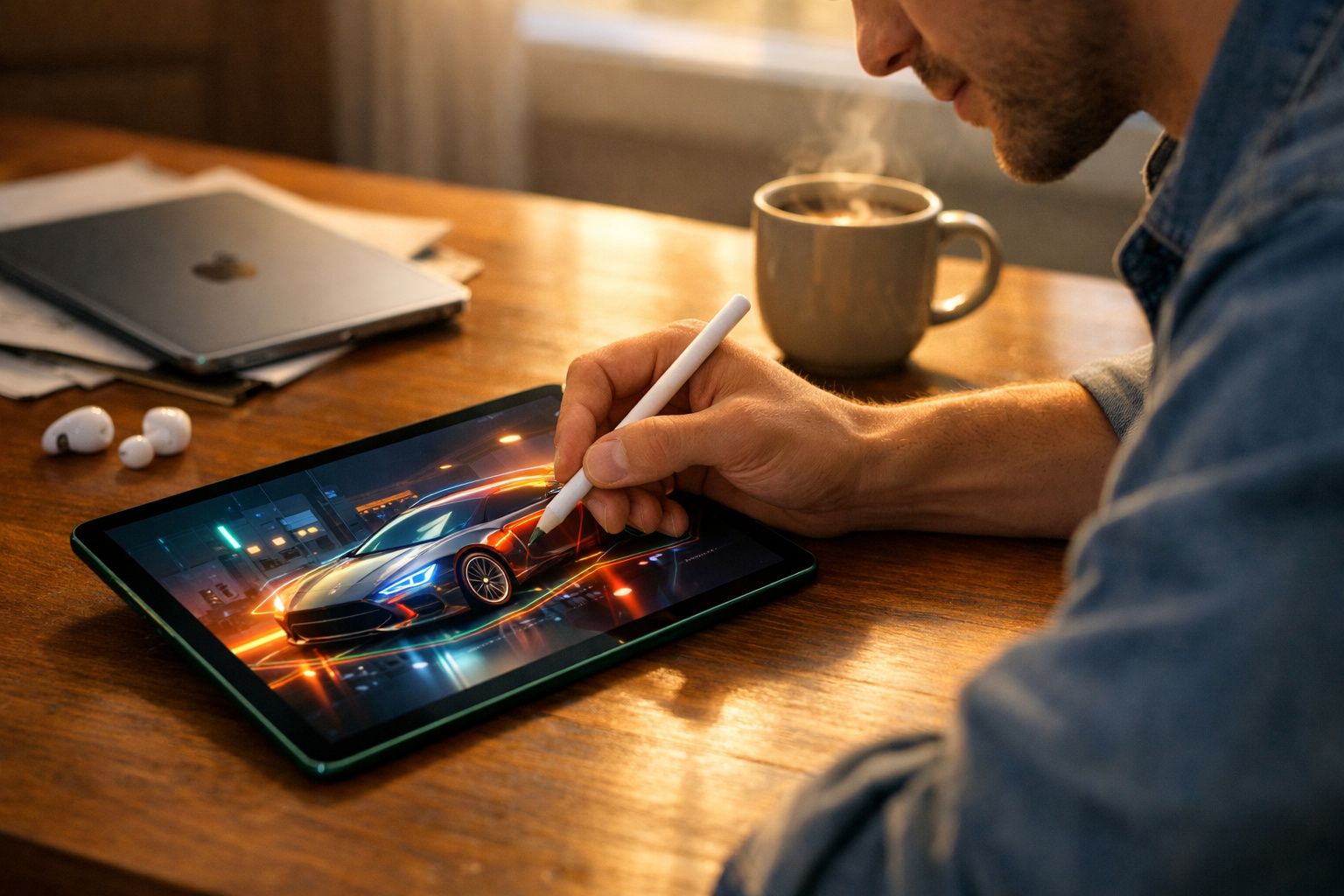 Pessoa desenhando um carro esportivo em tablet com caneta, ao lado de notebook, fones e xícara de café.