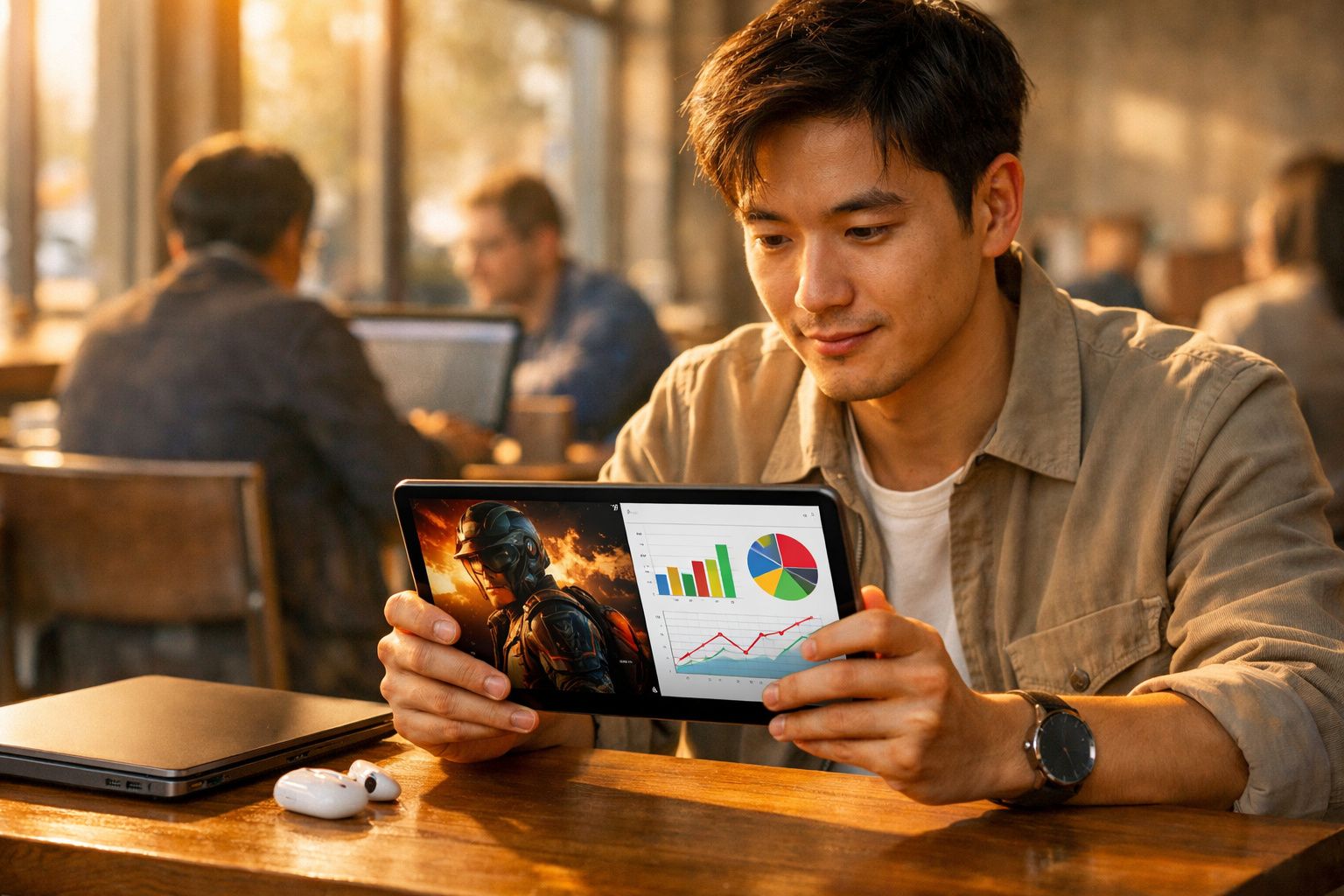 Homem sentado em café usando tablet que mostra gráfico de dados e imagem de personagem de jogo.