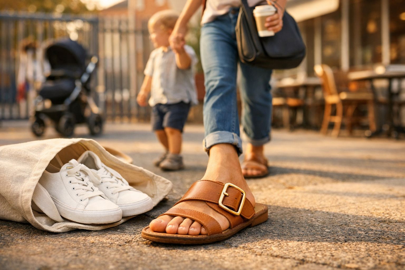 Sandália marrom em pé no chão, tênis branco ao lado e adulto segurando mão de criança ao fundo.