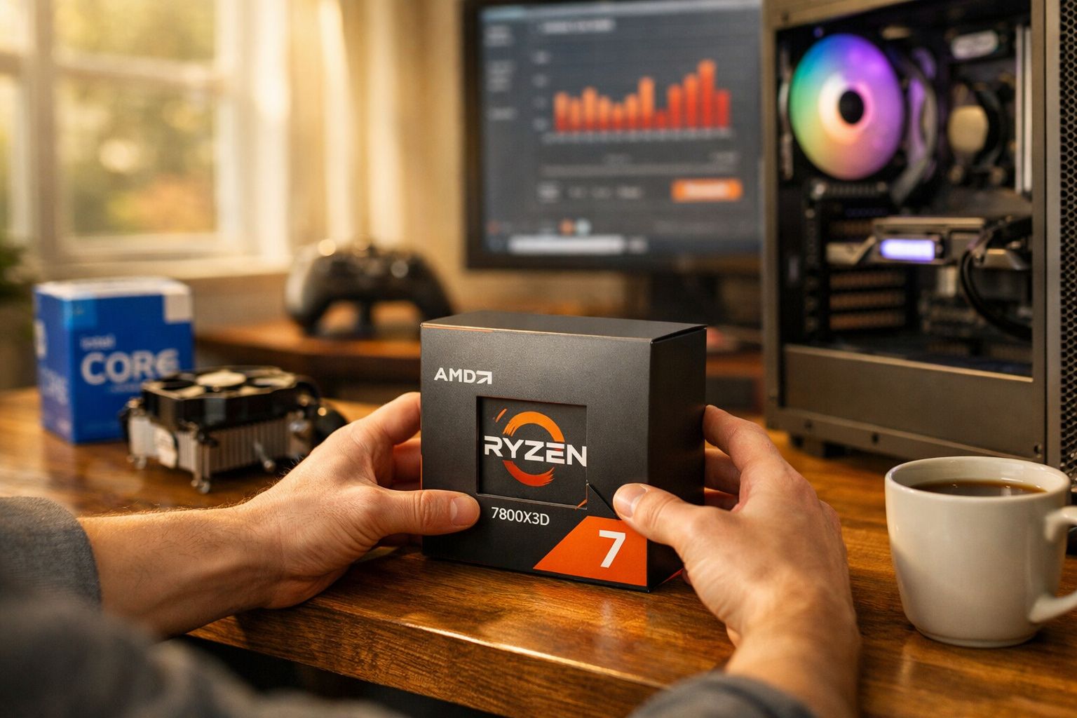 Pessoa segurando caixa de processador AMD Ryzen 7 7800X3D em mesa com computador e café ao fundo.