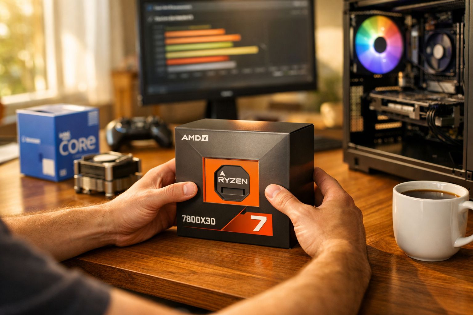 Pessoa segurando caixa do processador AMD Ryzen 7 7800X3D sobre mesa com computador e café.
