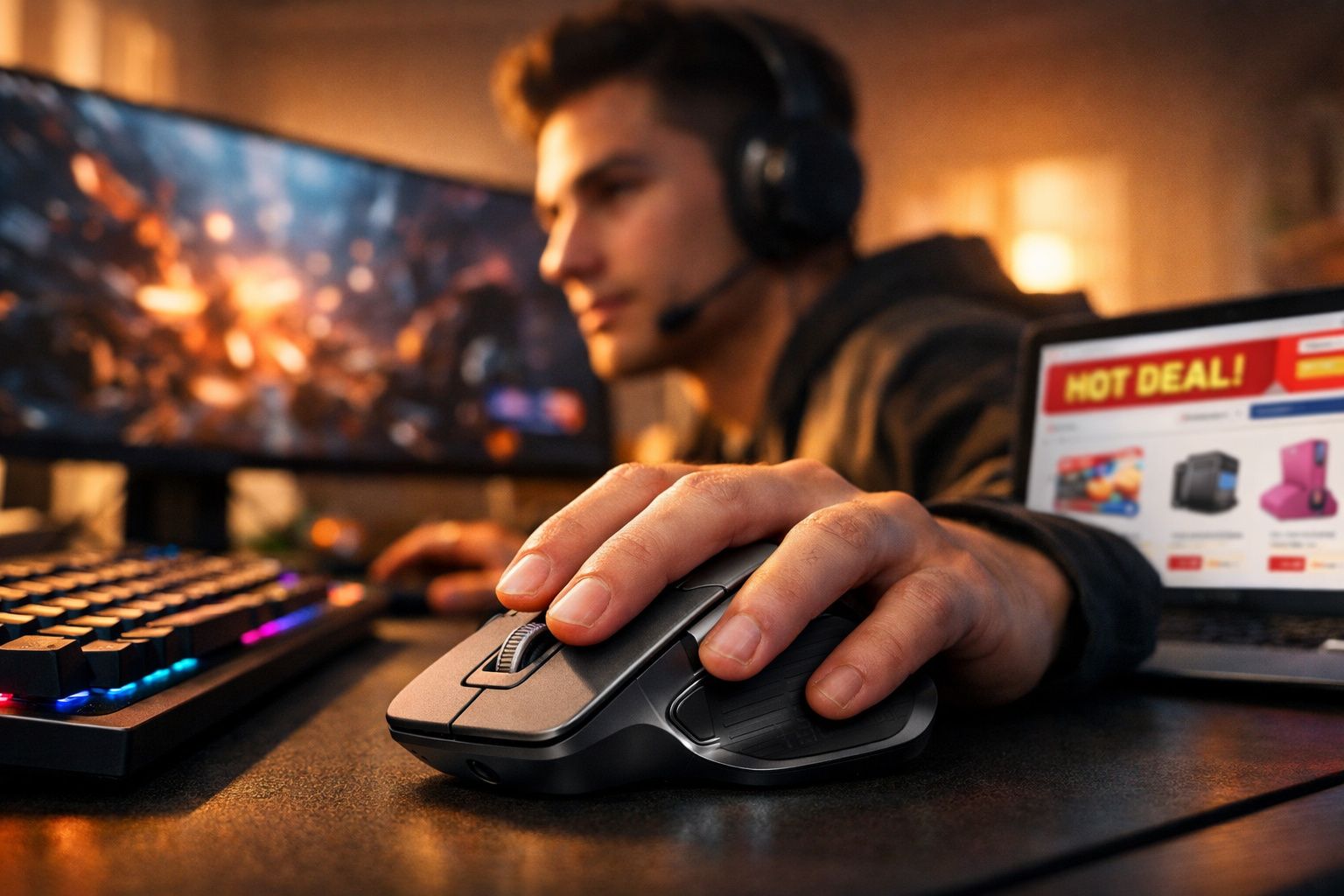 Pessoa usando headset e mouse gamer perto de teclado e laptop com promoção online na tela.