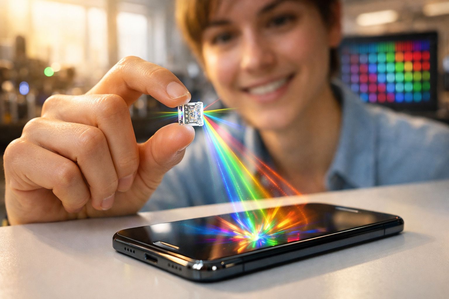 Pessoa segurando microchip que projeta feixes de luz coloridos sobre tela de celular.
