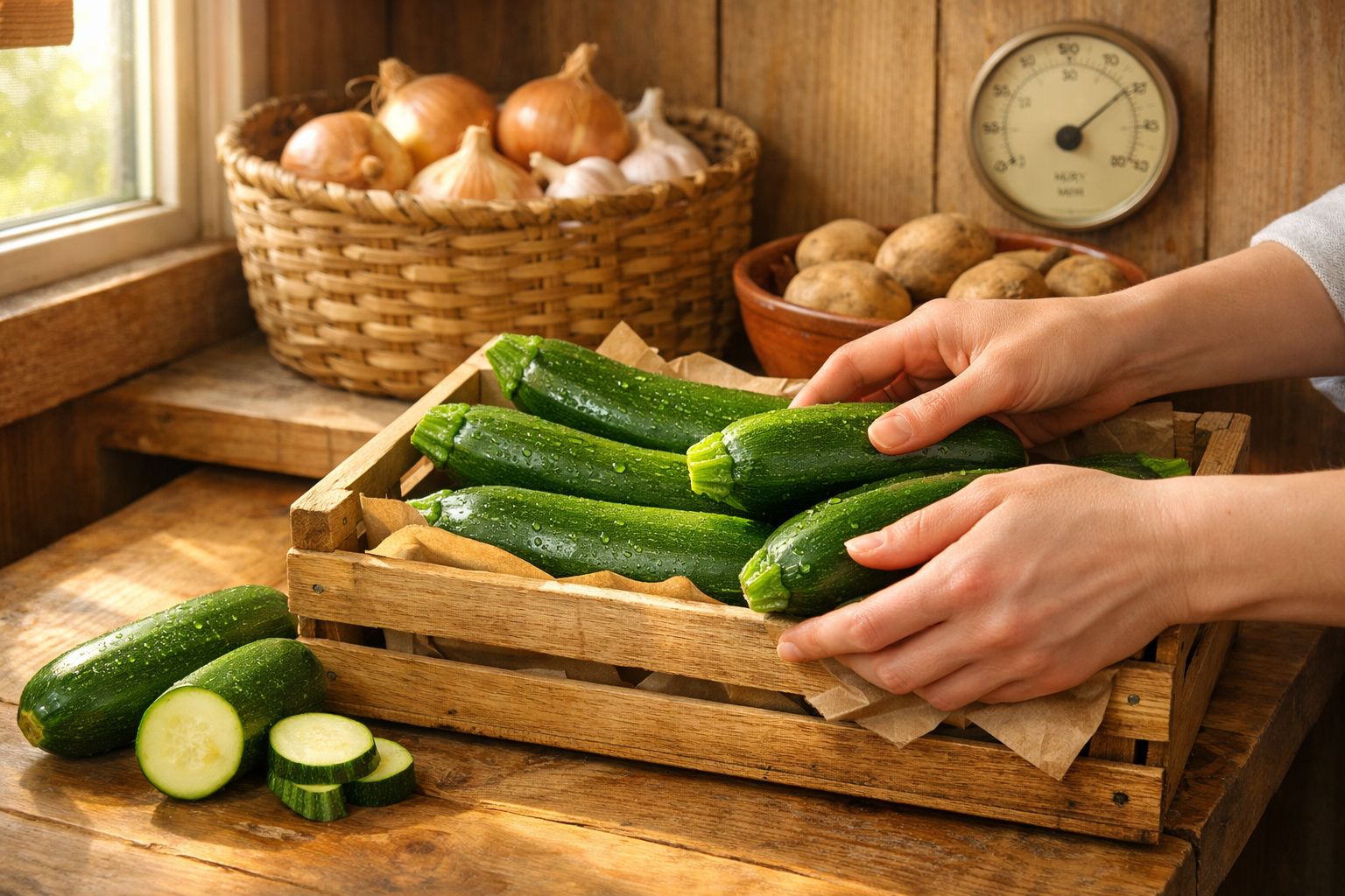 Mãos organizando abobrinhas em caixa de madeira em cozinha rústica com cesta de cebolas e batatas.
