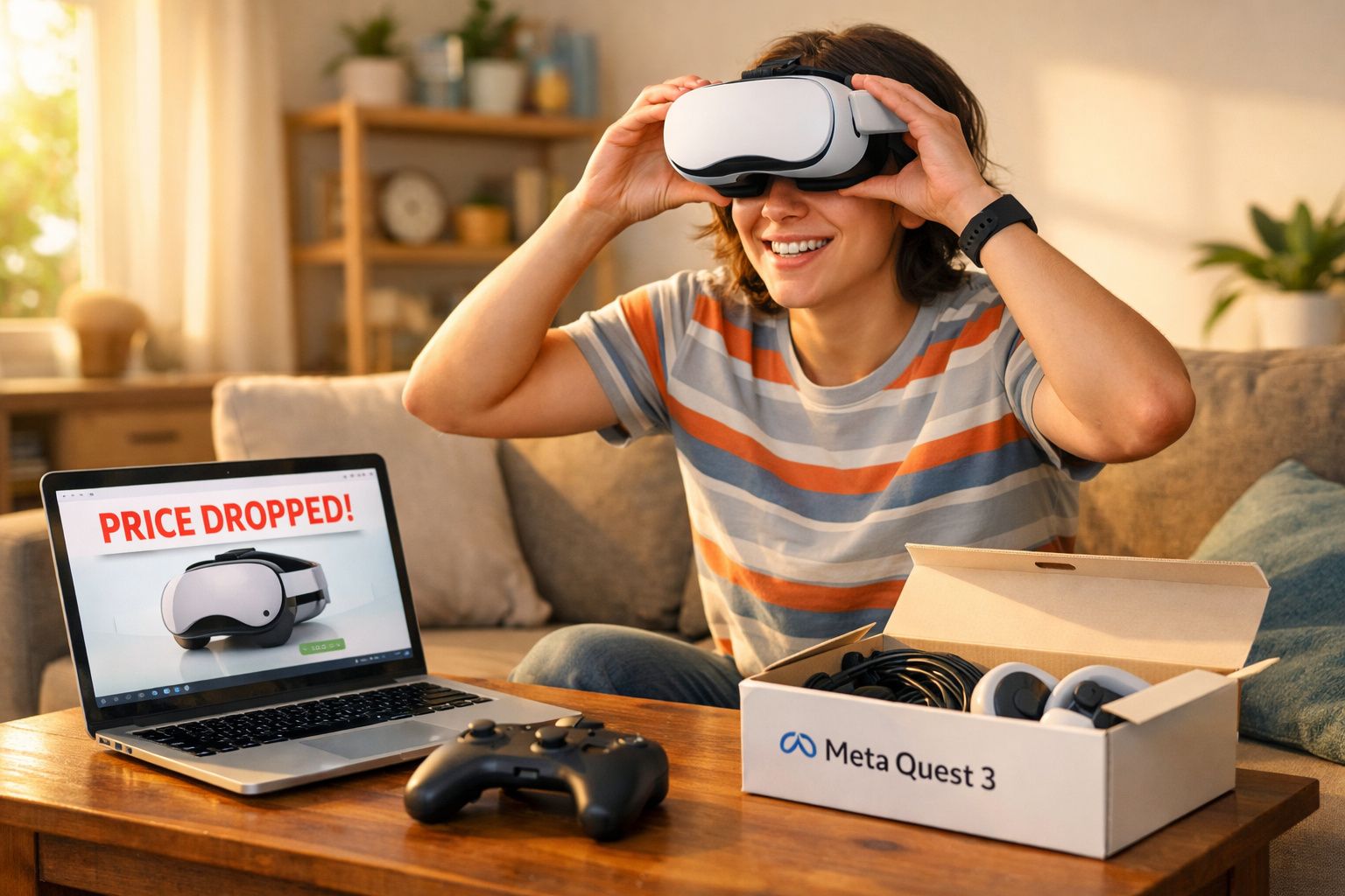 Pessoa sorrindo experimenta óculos de realidade virtual Meta Quest 3, laptop exibe promoção de preço reduzido.