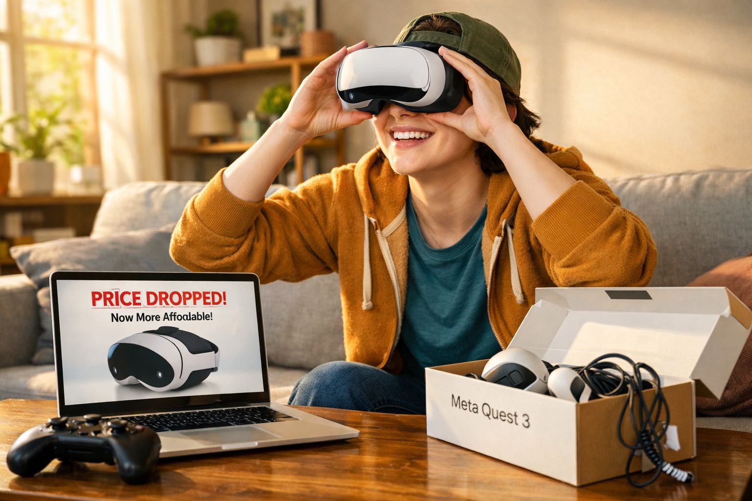 Pessoa sorrindo usa óculos de realidade virtual Meta Quest 3, com laptop e controle ao lado em sala iluminada.