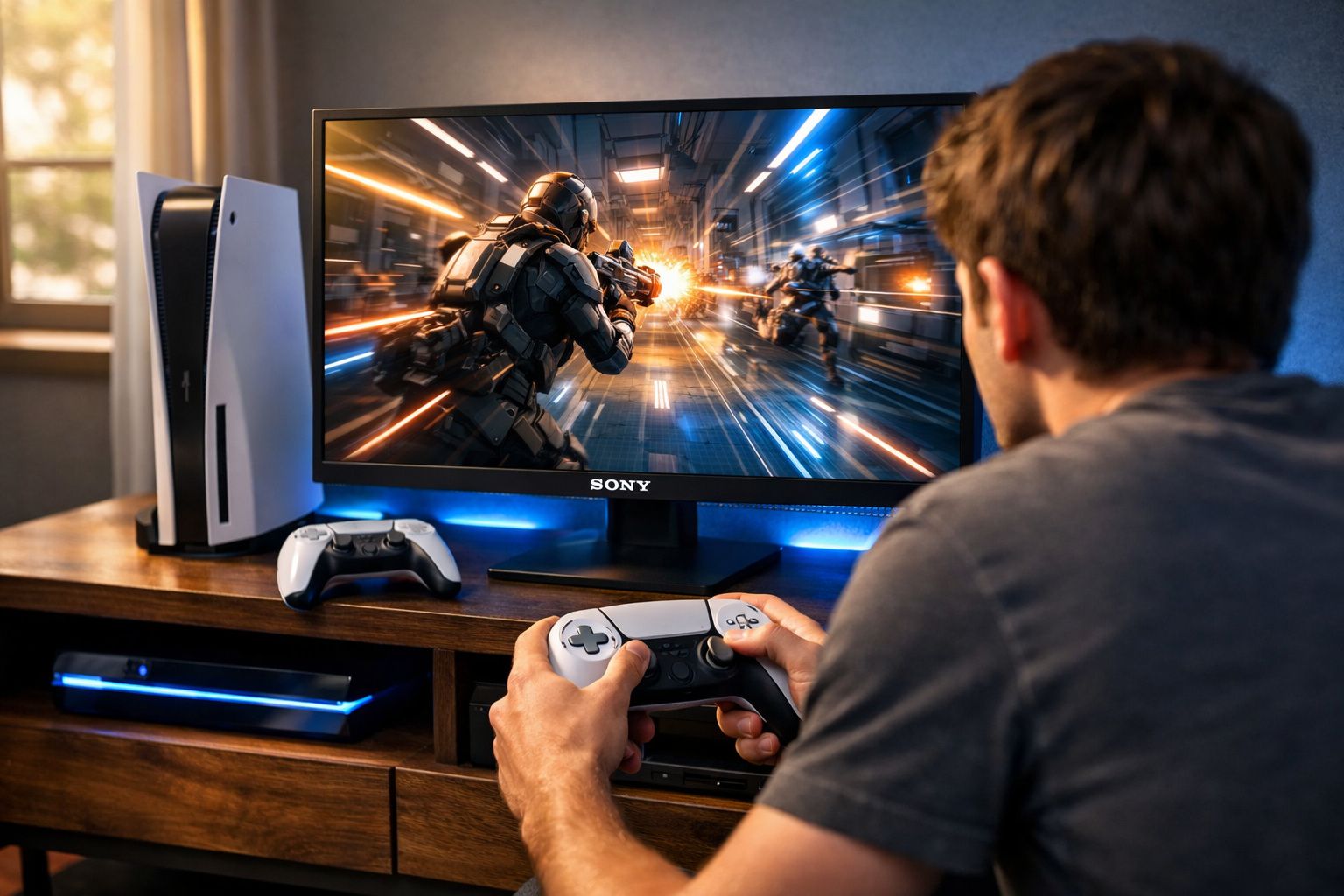 Homem jogando videogame de tiro em tela grande com controle branco e preto em sala iluminada.