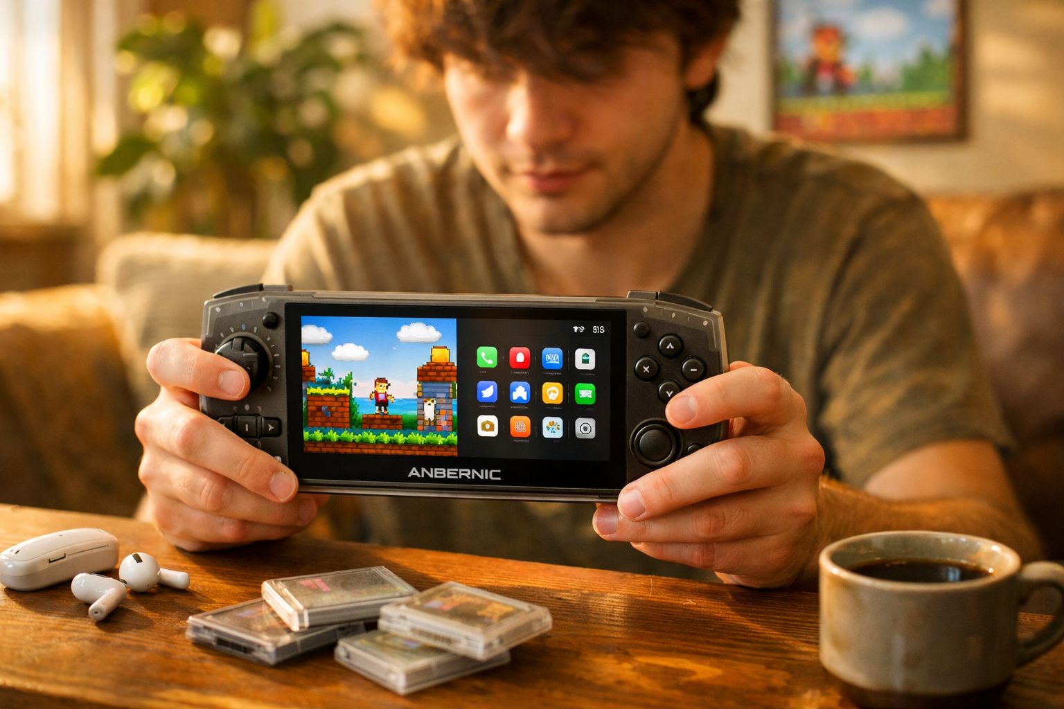 Homem segurando console portátil com jogo pixel art e aplicativos na tela, mesa com café e fones de ouvido.