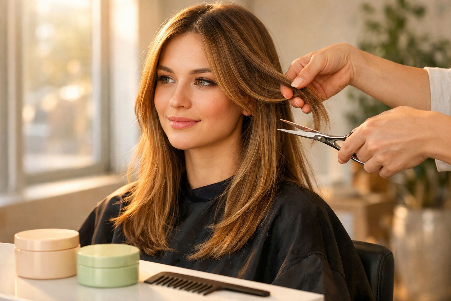 Mulher sorridente recebendo corte de cabelo em salão com luz natural ao fundo.