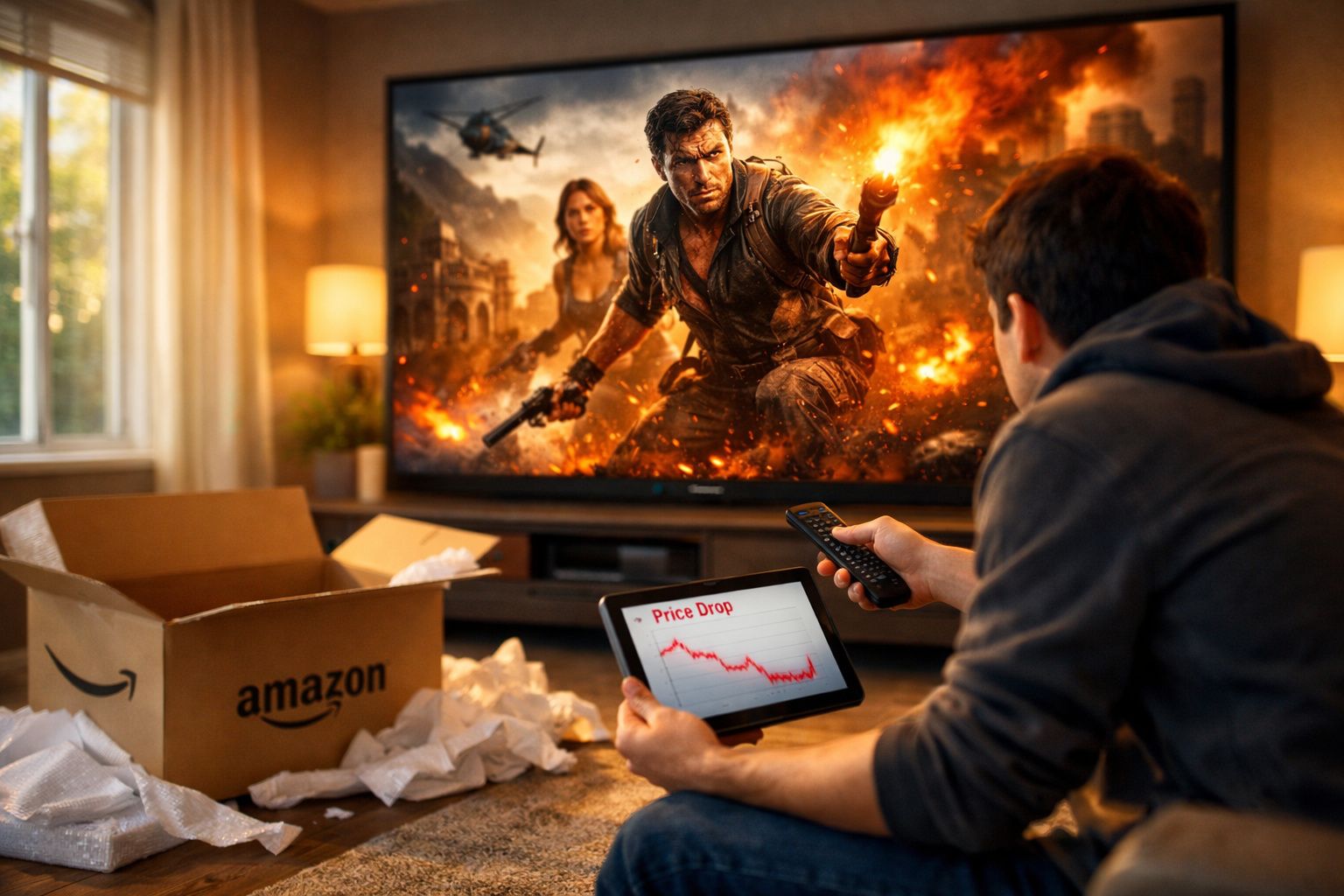 Homem sentado assistindo filme de ação na TV enquanto segura tablet com gráfico de queda de preços.