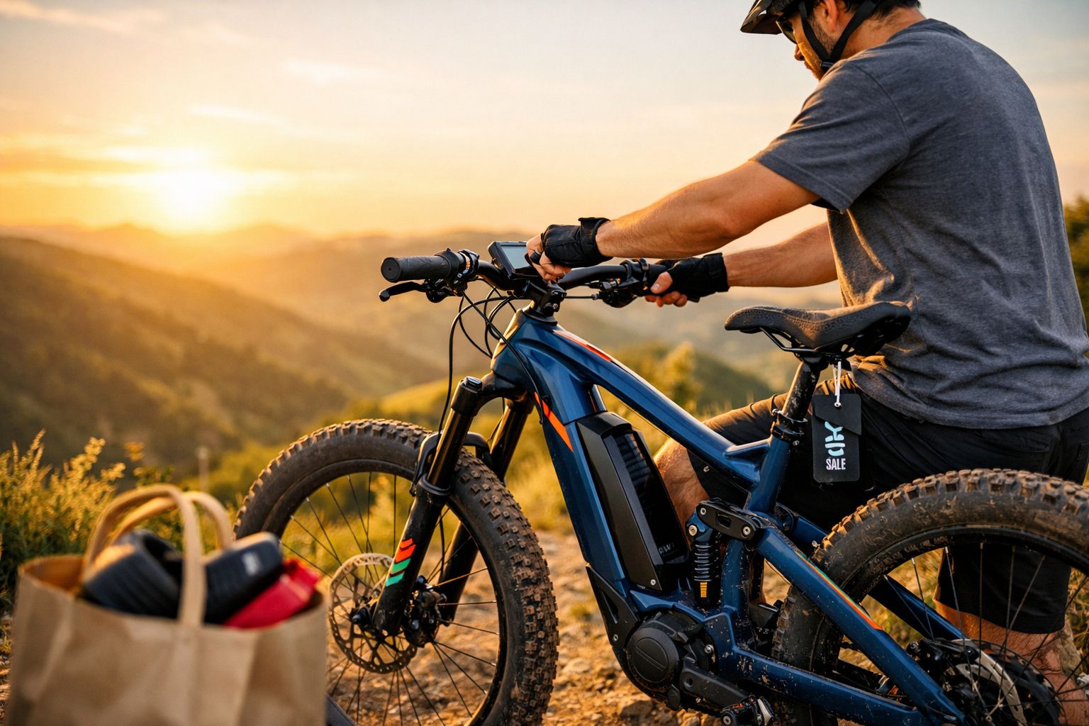 Homem com bicicleta elétrica azul em paisagem montanhosa ao pôr do sol, usando luvas de ciclismo.