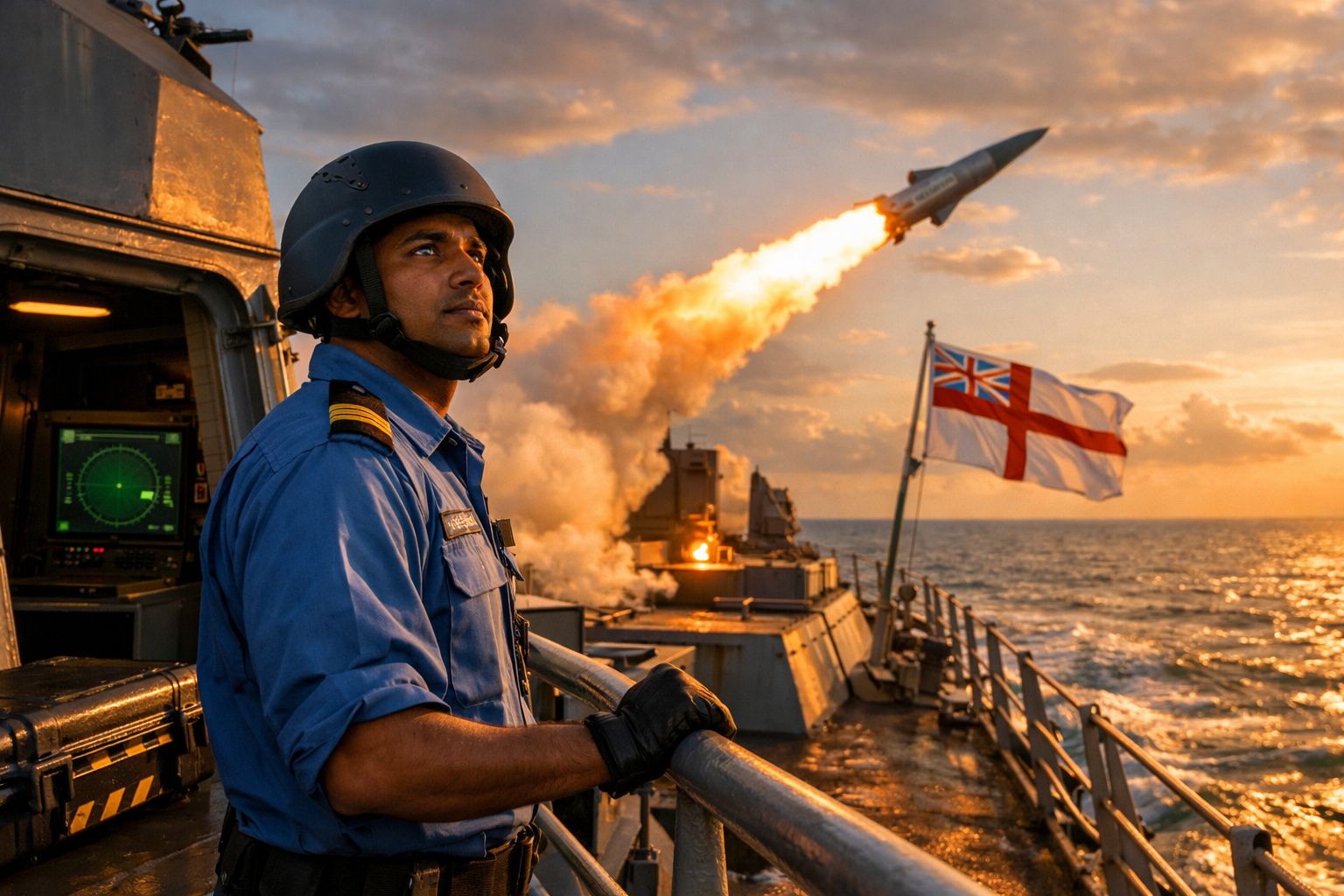 Militar naval observa lançamento de míssil no convés de navio ao pôr do sol no mar.