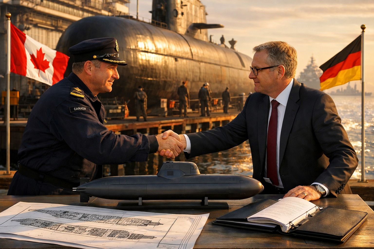 Oficial canadense e homem de terno alemão apertam mãos diante de mini submarino e bandeiras nacionalidades.