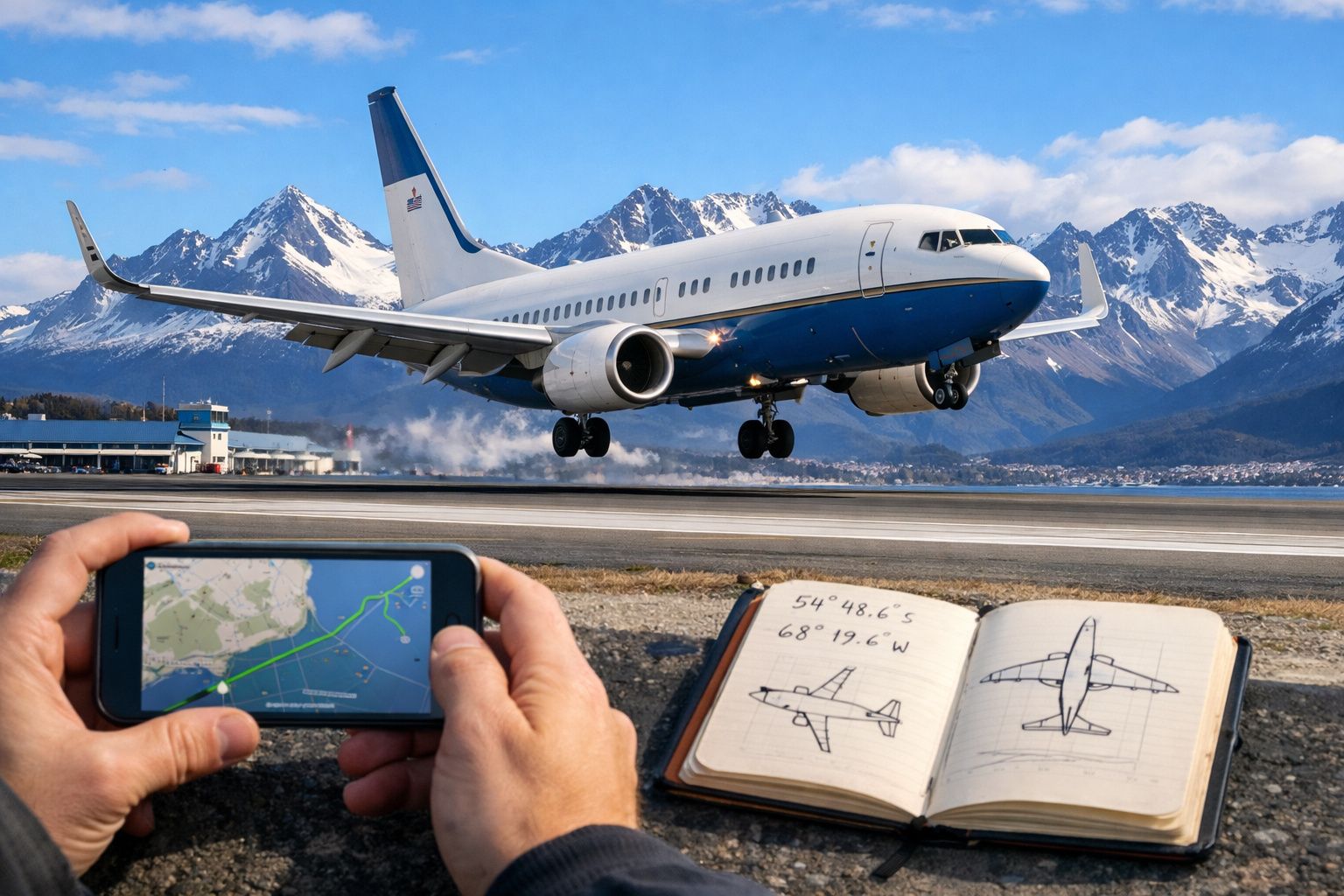 Mãos seguram celular com rota de voo enquanto avião decolando com montanhas nevadas ao fundo e caderno aberto.