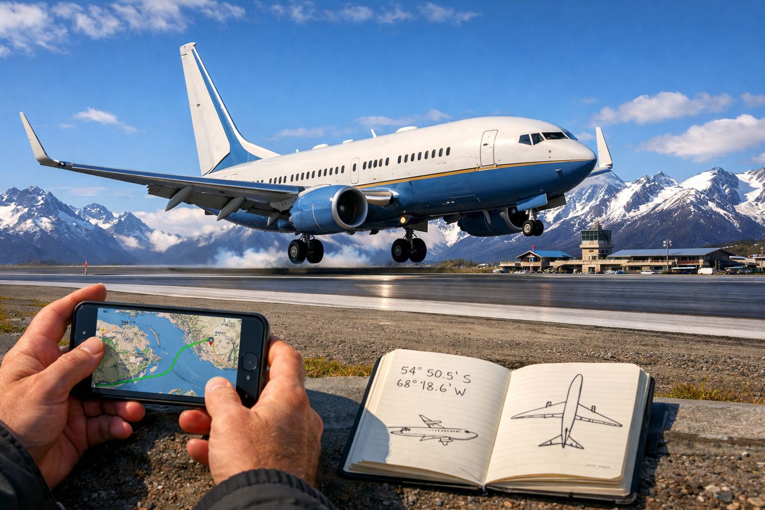 Avião pousando em pista com montanhas ao fundo, mão segurando celular com mapa e caderno aberto com desenhos de avião.