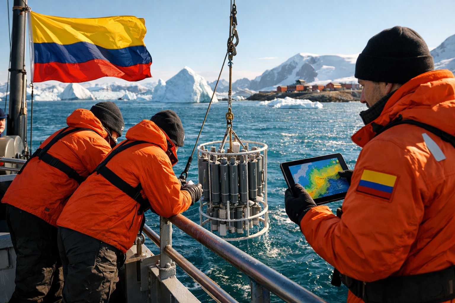 Pesquisadores em roupas laranja coletam amostras de água no mar próximo a glaciares com barco e tablet.