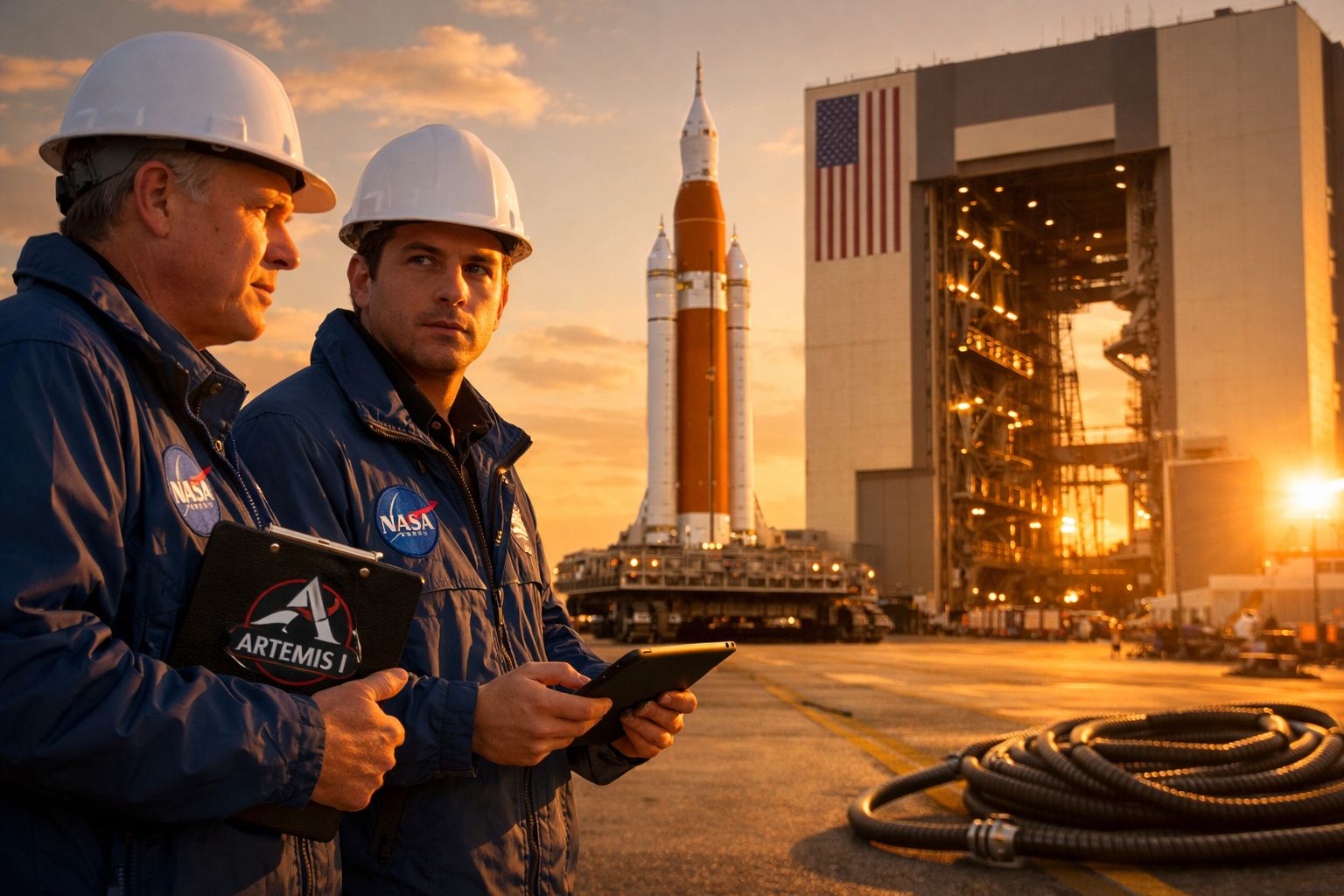 Dois engenheiros da NASA com capacetes, frente a foguete Artemis e estrutura de lançamento ao pôr do sol.