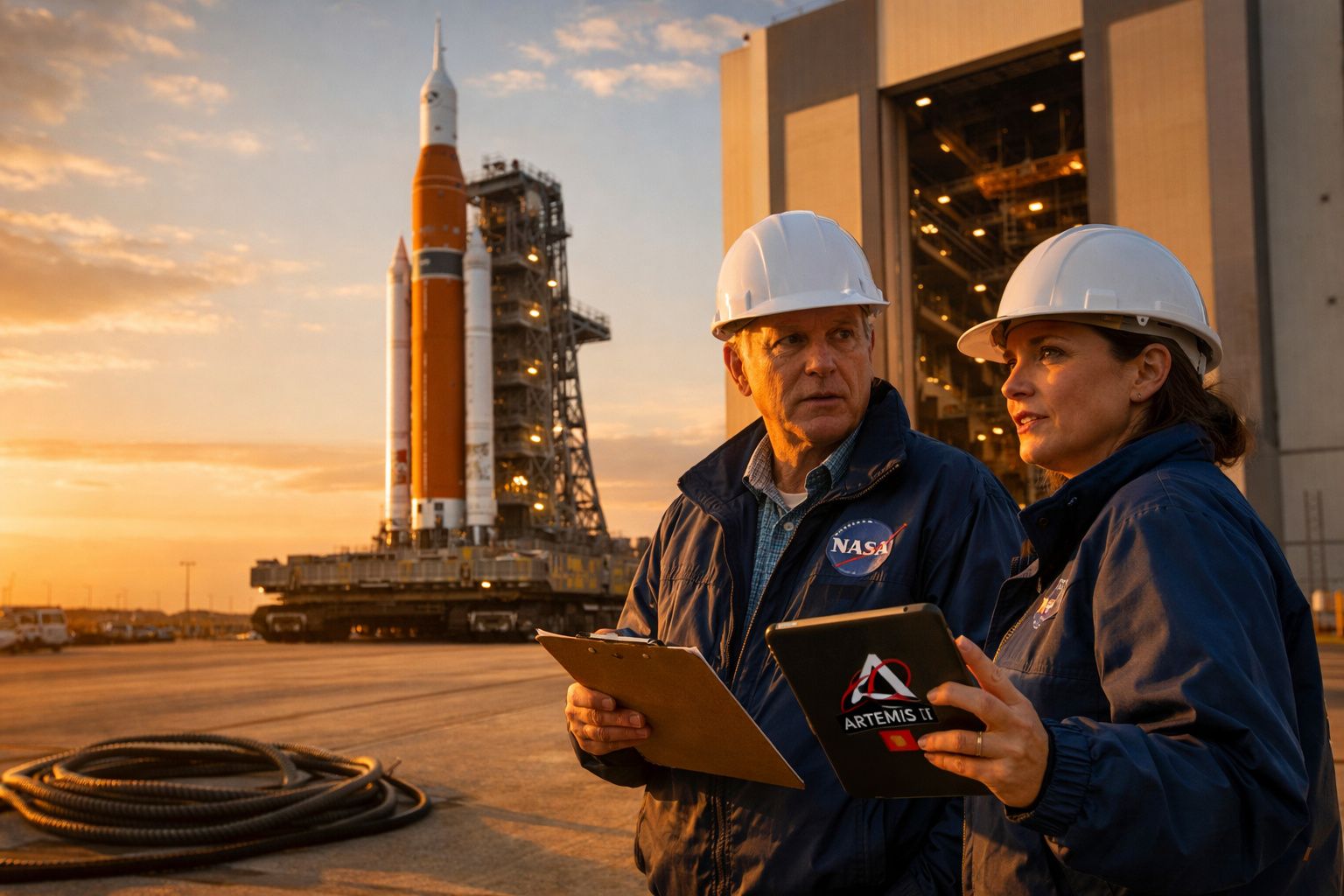 Dois engenheiros da NASA com capacetes discutem enquanto seguram pranchetas perto do foguete Artemis II ao pôr do sol.