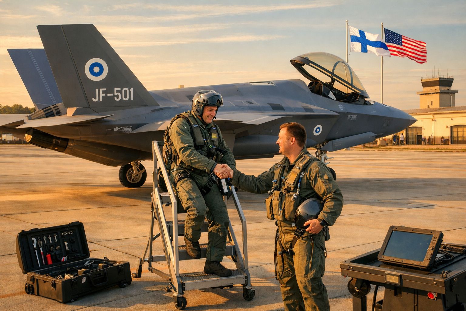 Dois pilotos militares apertando as mãos perto de um caça JF-501 com bandeiras da Finlândia e EUA ao fundo.